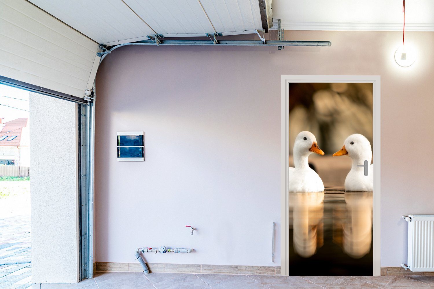 Türtapete 75x205 - bedruckt, - Tür, Matt, (1 für - cm MuchoWow Enten, - - Türaufkleber, Ente Wasser Tiere Weiß Vogel St), Fototapete