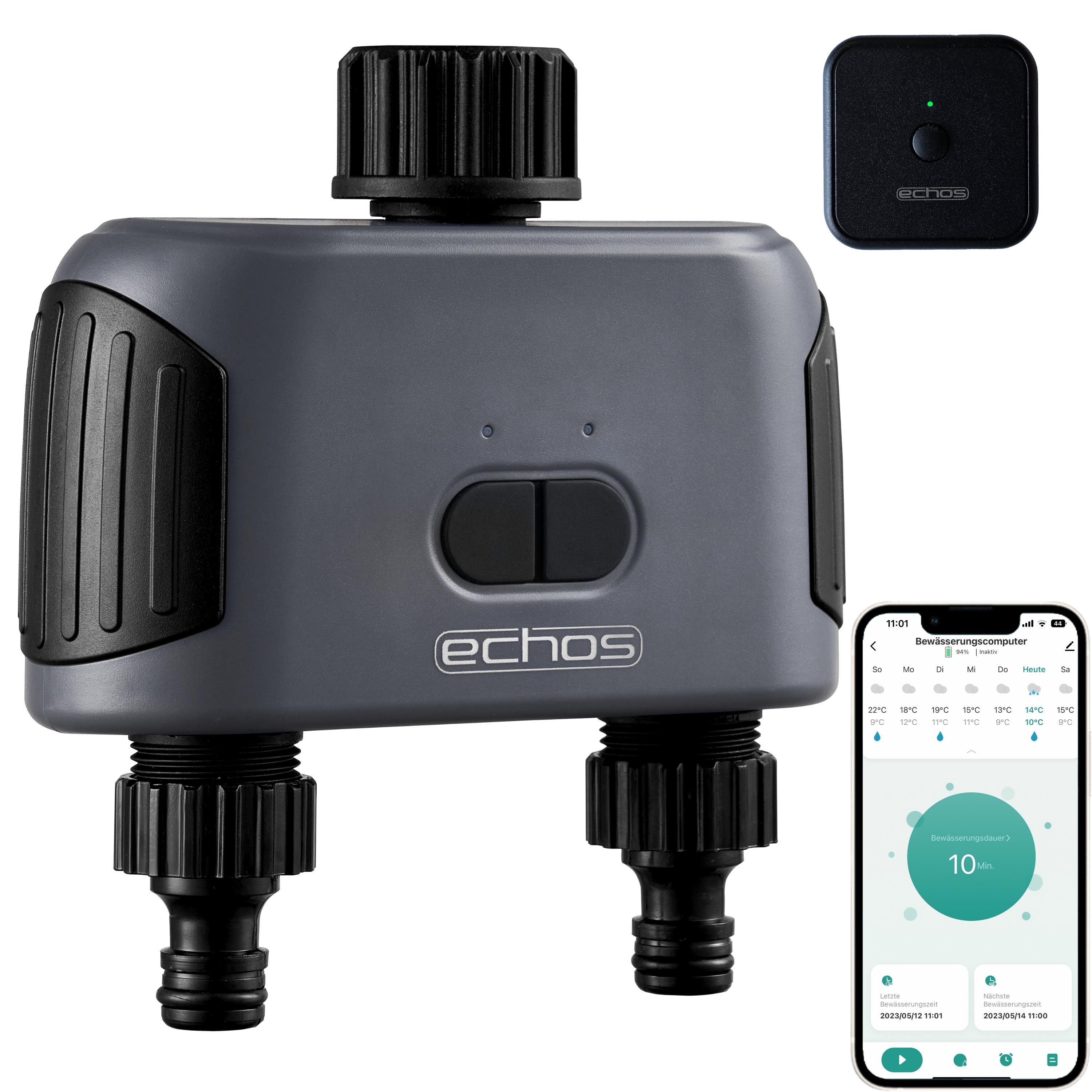 echos Bewässerungscomputer Eco-4102, 100m Reichweite,Wochentimer,Zeitplan,IP55,Alexa/Google kompatibel
