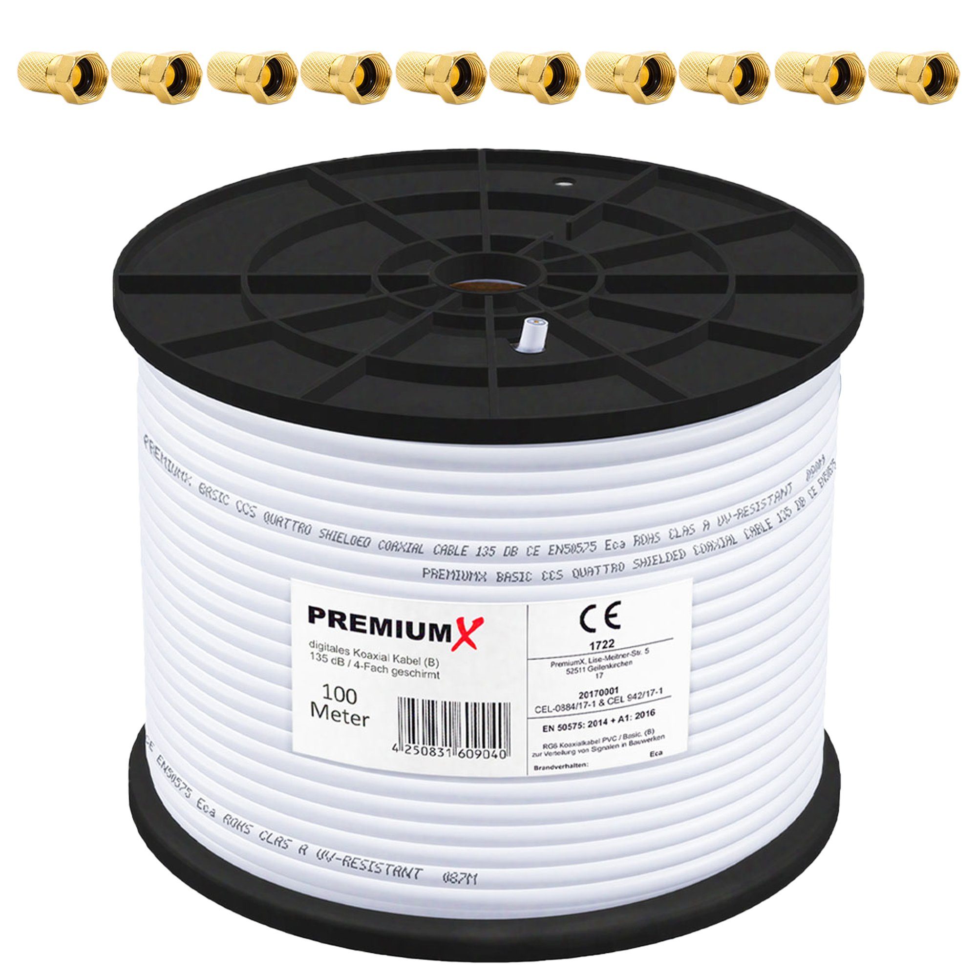 PremiumX 100m BASIC Koaxialkabel 135dB 4-fach SAT Koax Kabel 10x F-Stecker SAT-Kabel