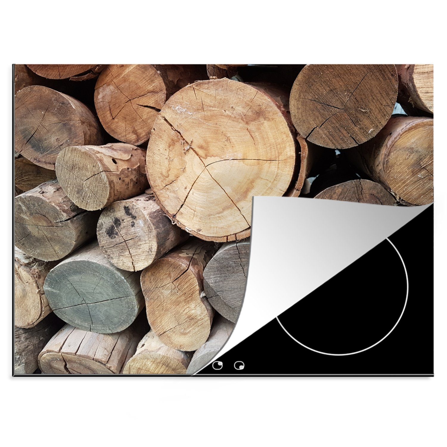 MuchoWow Herdblende-/Abdeckplatte Stapel ungehacktes Brennholz, Vinyl, (1 tlg), 70x52 cm, Mobile Arbeitsfläche nutzbar, Ceranfeldabdeckung