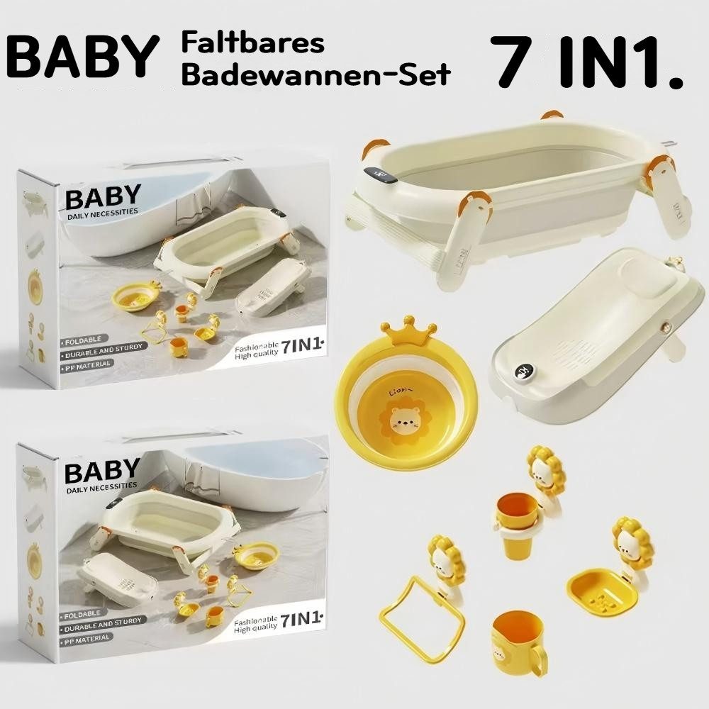 Thumbnail - BlingBin Babybadewanne rutschfest Babywanne faltbar Baby Bathtub mit Löwenmustern, (1er Set, 7-tlg), 7-IN-1 Baby Badewan...