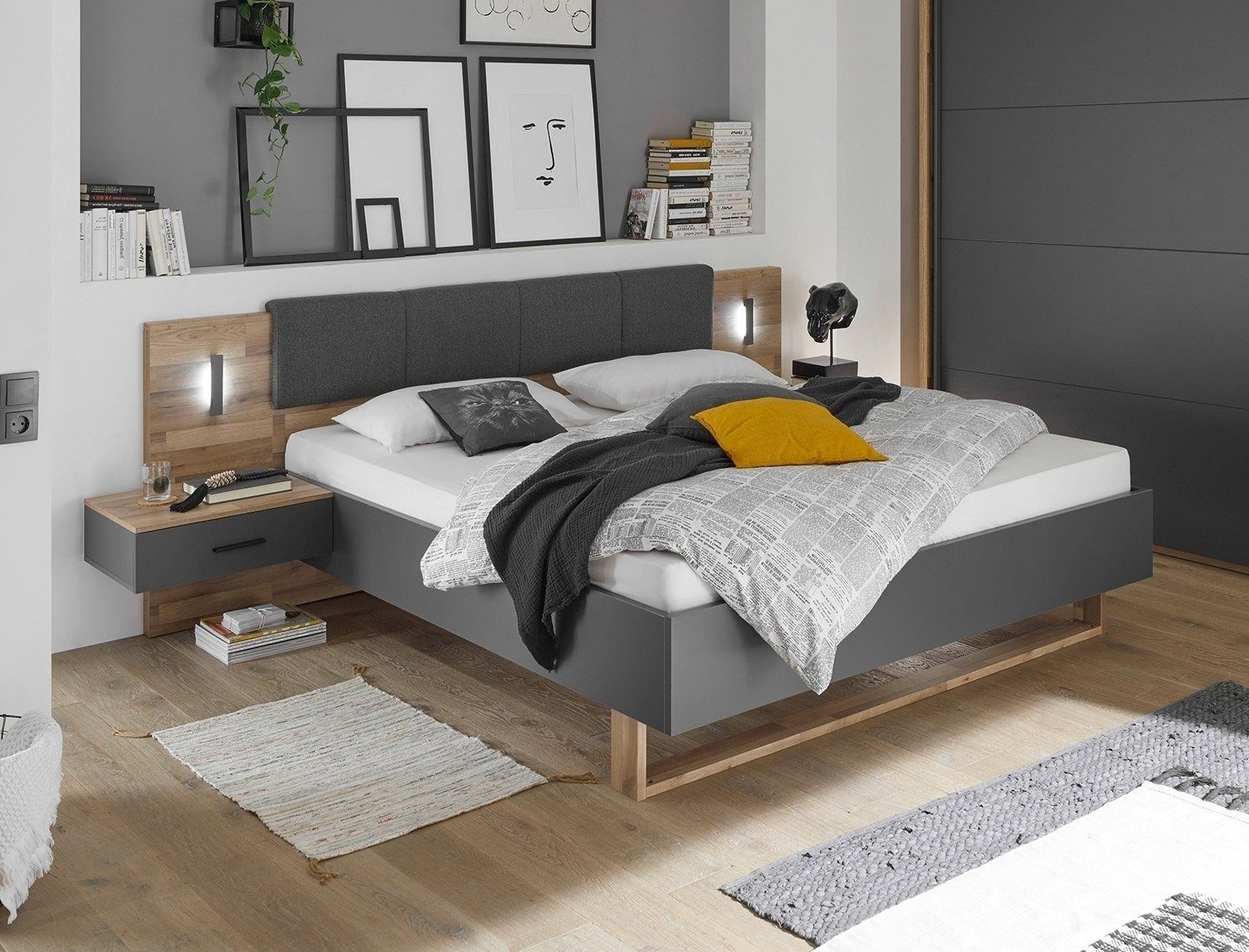 LIV'IN Bettgestell RIVOLI, 180 x 200 cm, Graphit Dekor, Montana Eiche Dekor, mit 2 Nachttischen und LED-Beleuchtung