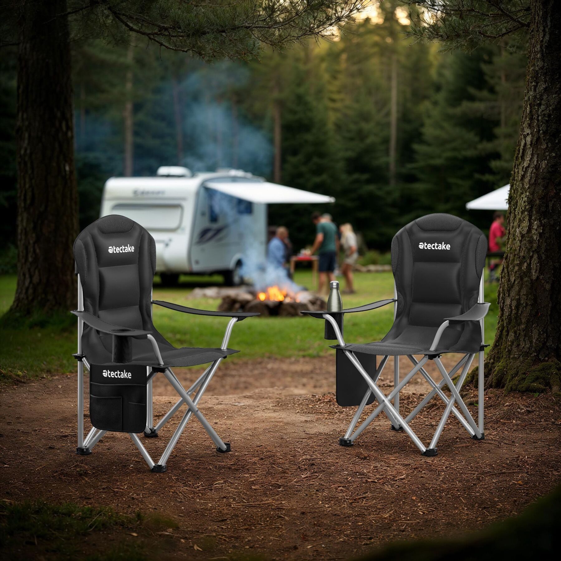tectake Campingstuhl Gepolsterter Gartenstuhl, Belastbarkeit 120 kg, 88,5 x 55 x 103 cm (Outdoor Klapptstuhl MTX für Außen in Schwarz, 2 St), wasserabweisendes 600D Oxford-Gewebe, faltbar, inkl. Tragetasche