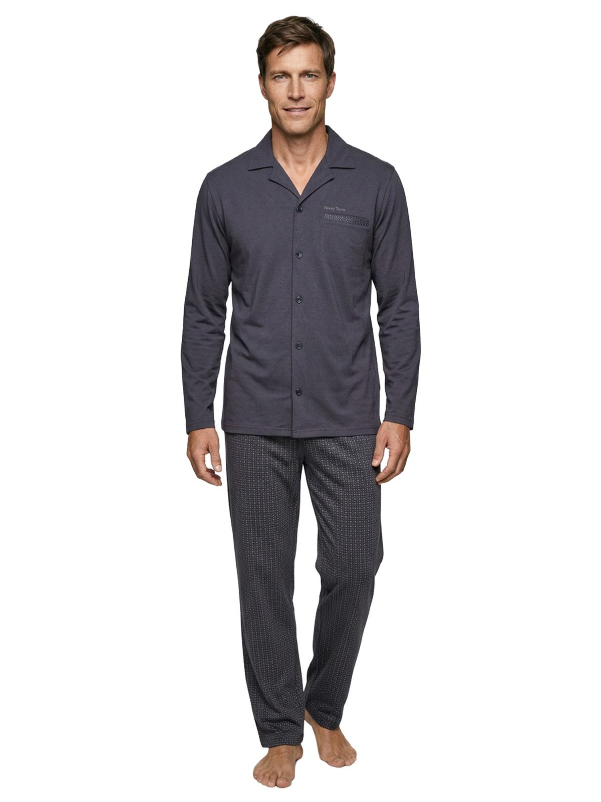 Henry Terre Pyjama Kent langarm - Hose dezenter Print Shirt uni Hemdkragen durchgeknöpft – Bild 2 von 5