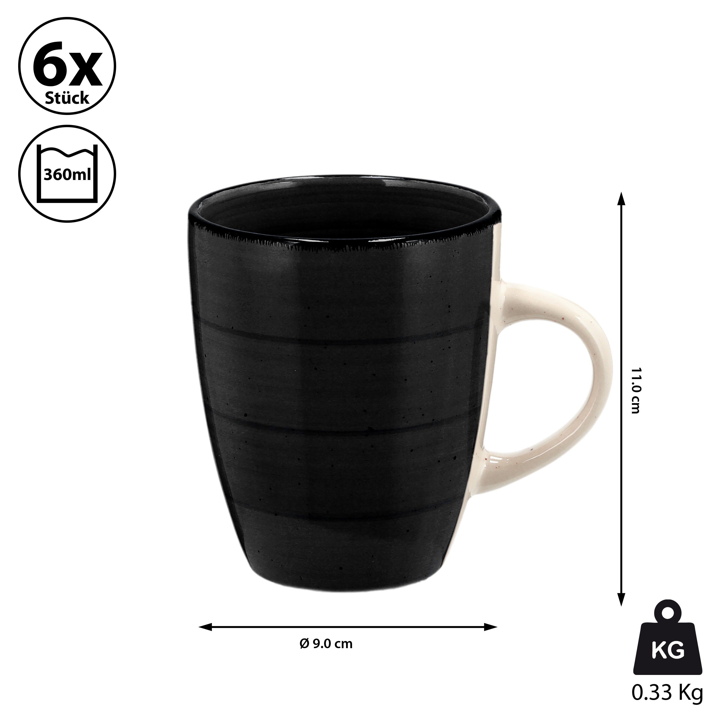 360ml CEPEWA schwarz Tasse Becher Steingut 9x11cm 6er Set Tasse Kaffeebecher