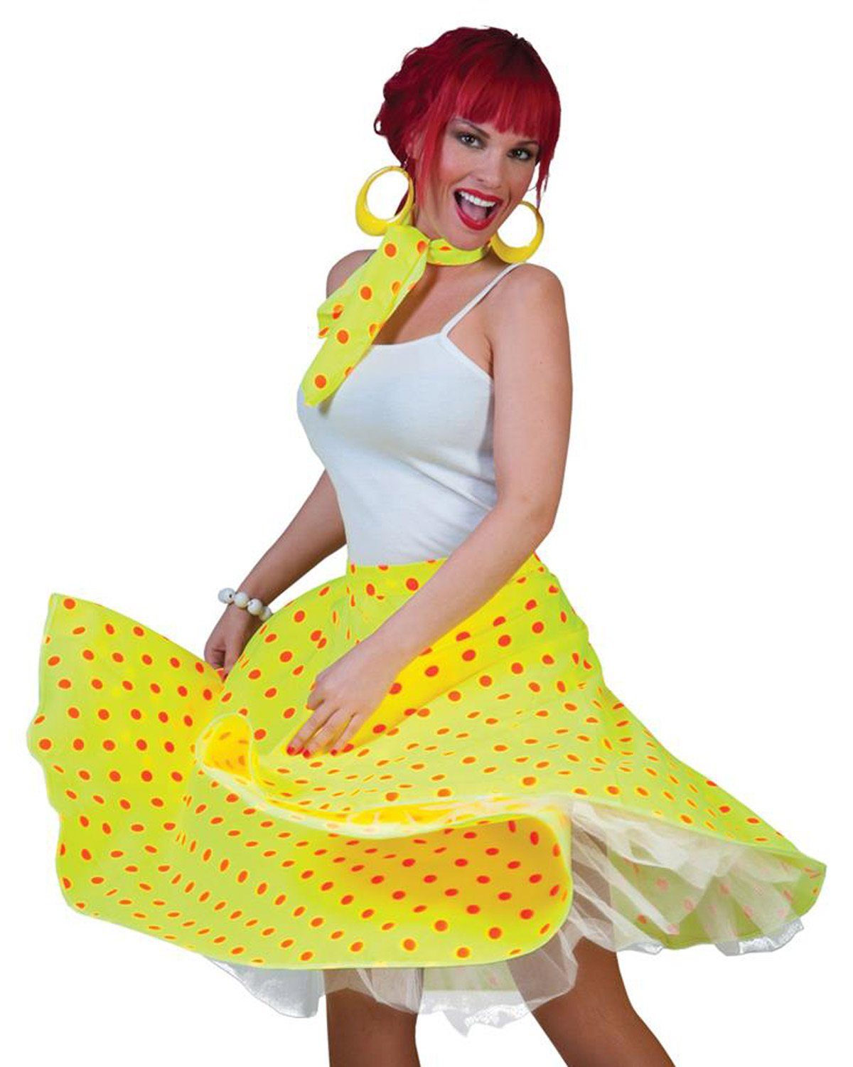 Funny Fashion Kostüm Fifties Punkte Tellerrock mit Halstuch, Gelb Oran