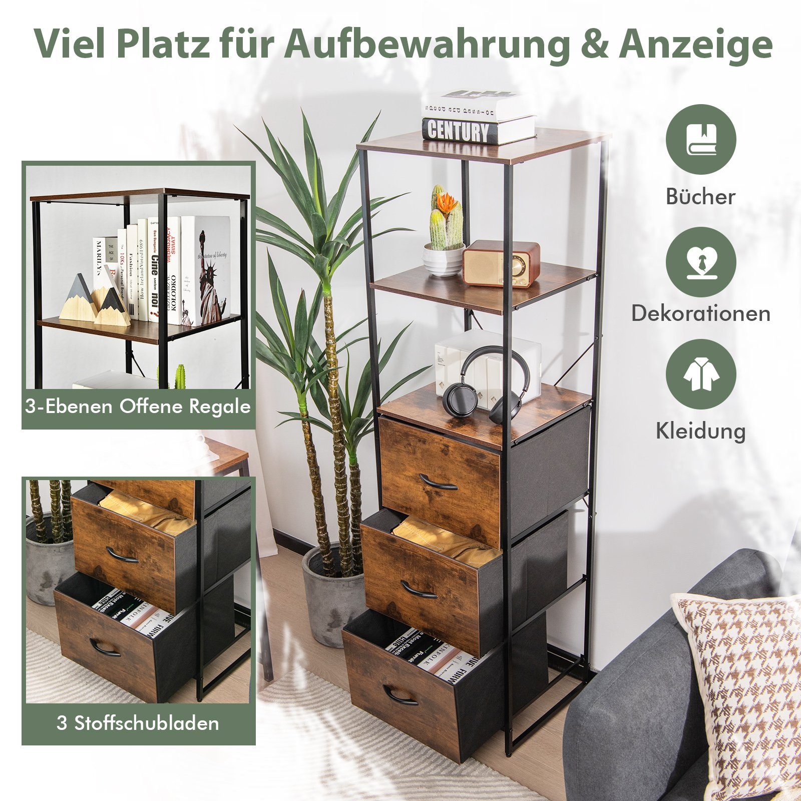 COSTWAY Standregal, mit 3 Regalen & Schubladen, klappbaren 3 43x39x156cm