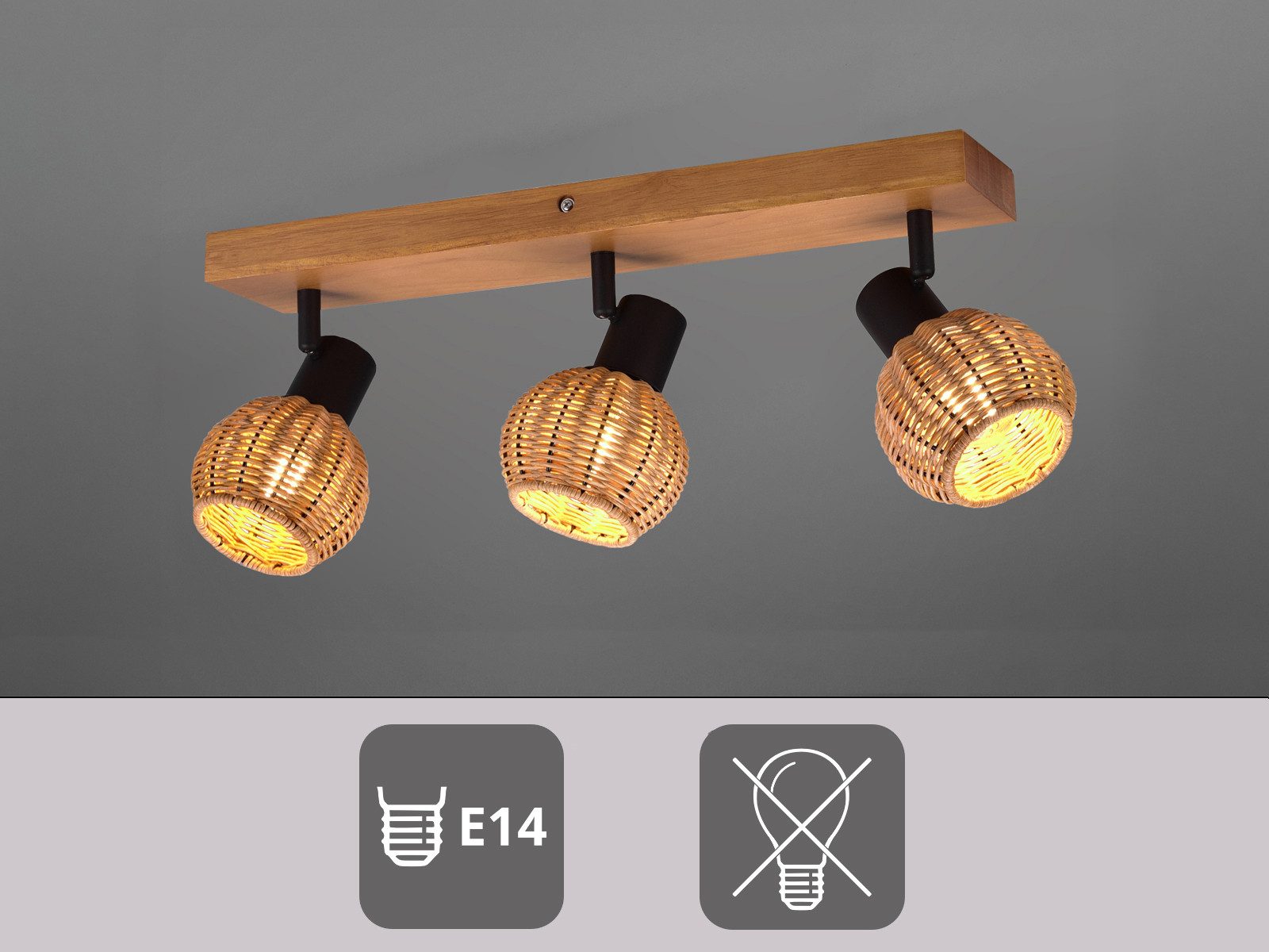 meineWunschleuchte Deckenstrahler Rattan-Lampe mit Holz, Breite 50cm, ohne Leuchtmittel, Innen Deckenleuchte, Korblampe skandinavisch mit 3 Strahler, Holzlampe – Bild 5 von 5
