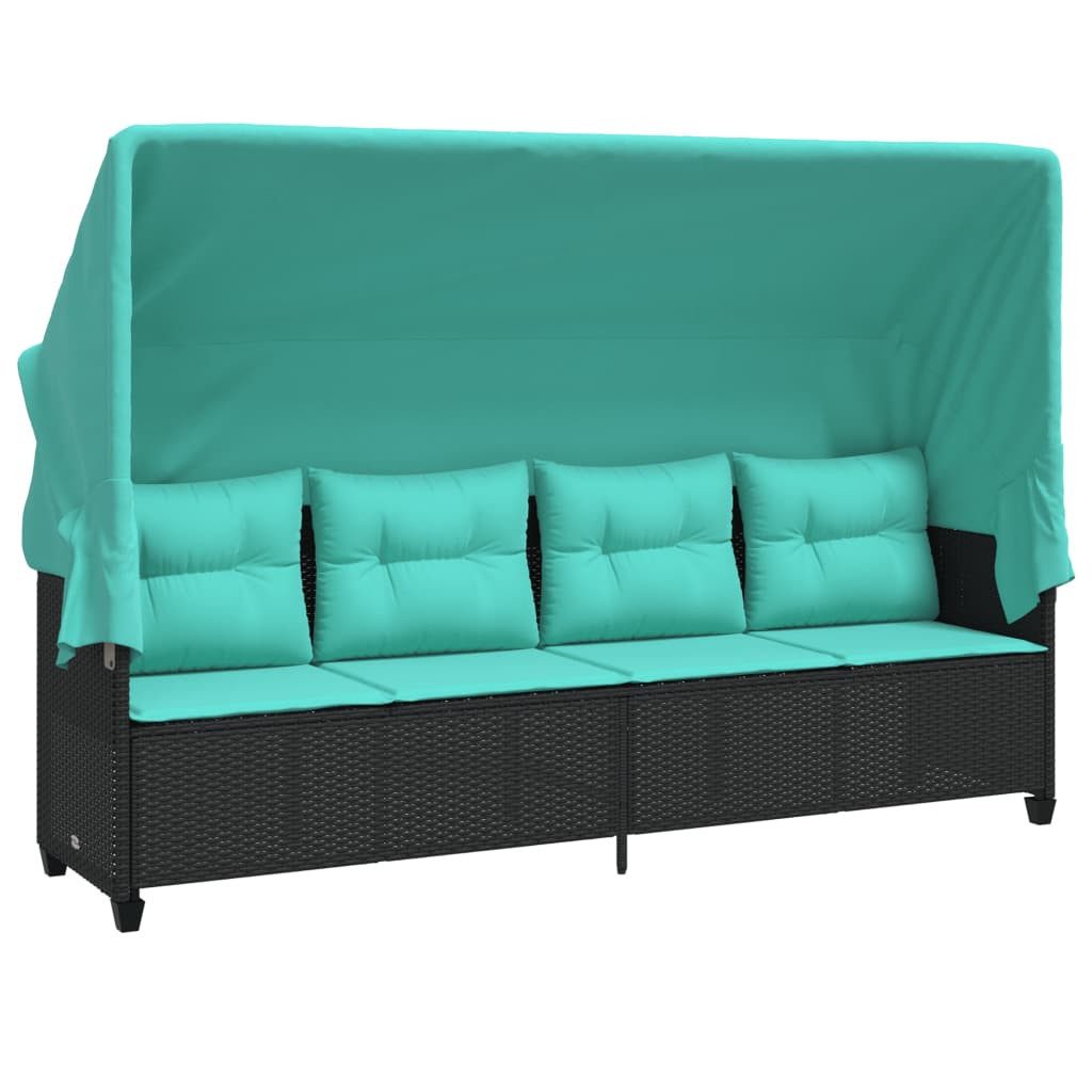 Gartenliege Sonnenliege mit Dach und Kissen Schwarz Poly Rattan
