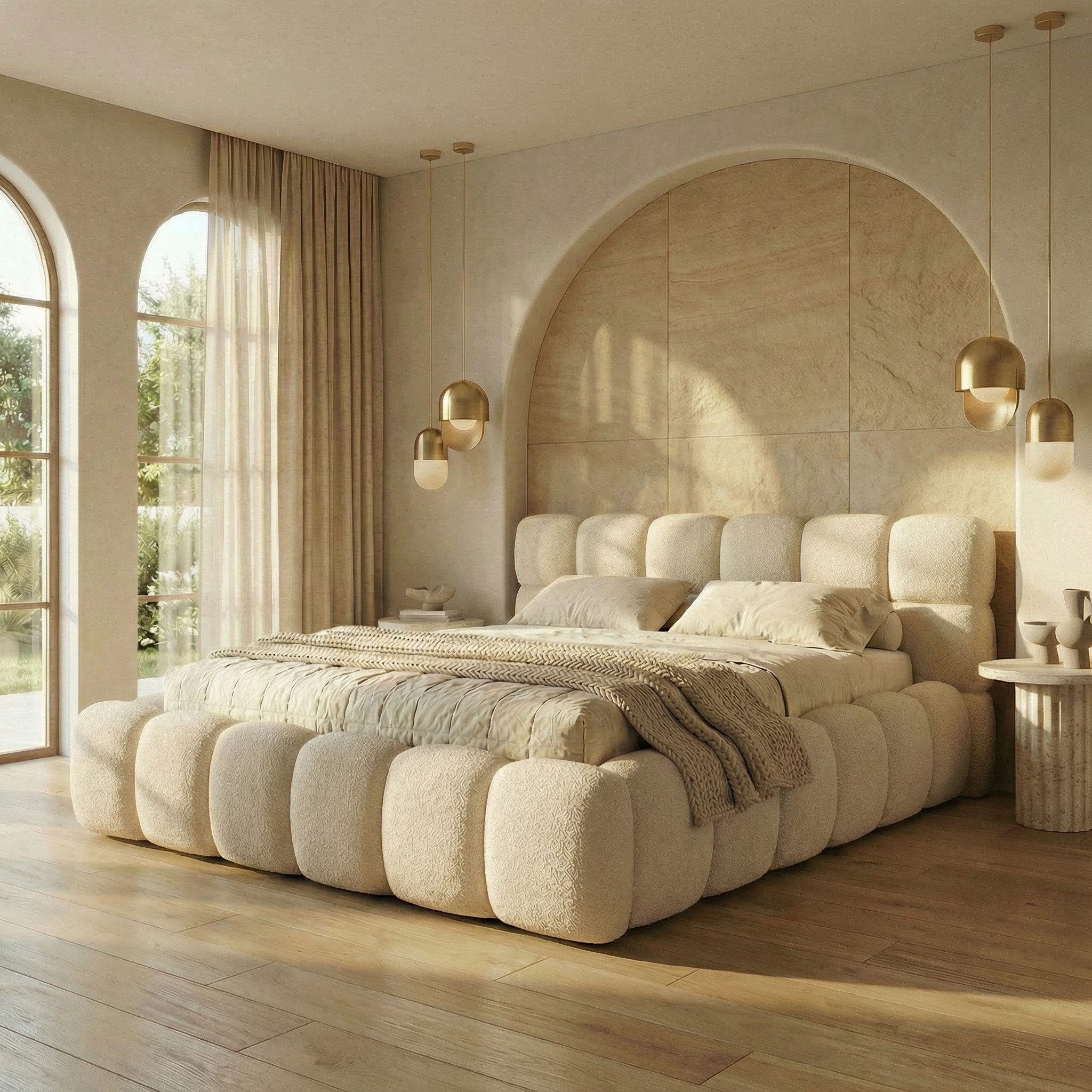 yourhouse24 Polsterbett Boston Slim Bouclé kompaktes Wolkenbett mit Bettkasten, Bubble-Optik & Japandi