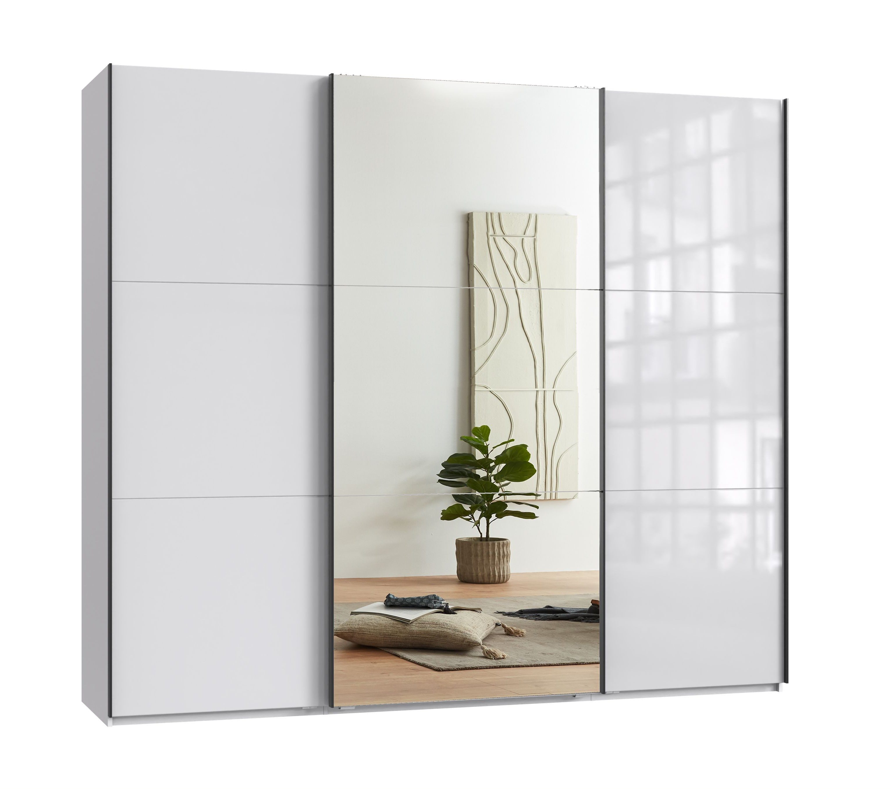 luma-home Schwebetürenschrank 22033 (3-türiger Kleiderschrank B250/H216/T65 cm mit Vollausstattung als optimale Stauraumlösung) Weiß mit Glasfront, Spiegeltür und schwarzen Griffleisten