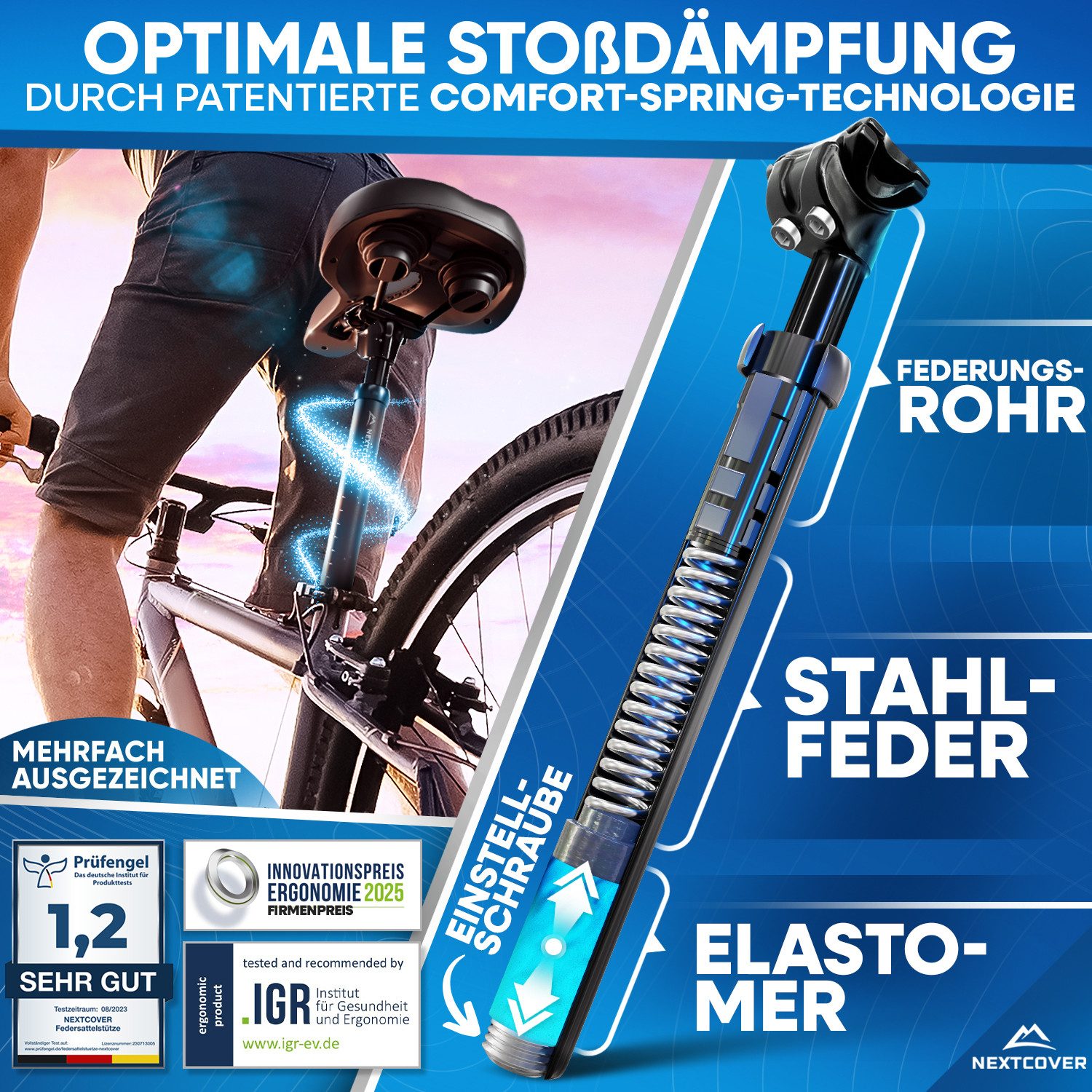 Nextcover Sattelstütze NEXTCOVER® Sattelstütze gefedert mit 27.2/30.9/31.6mm Durchmesser