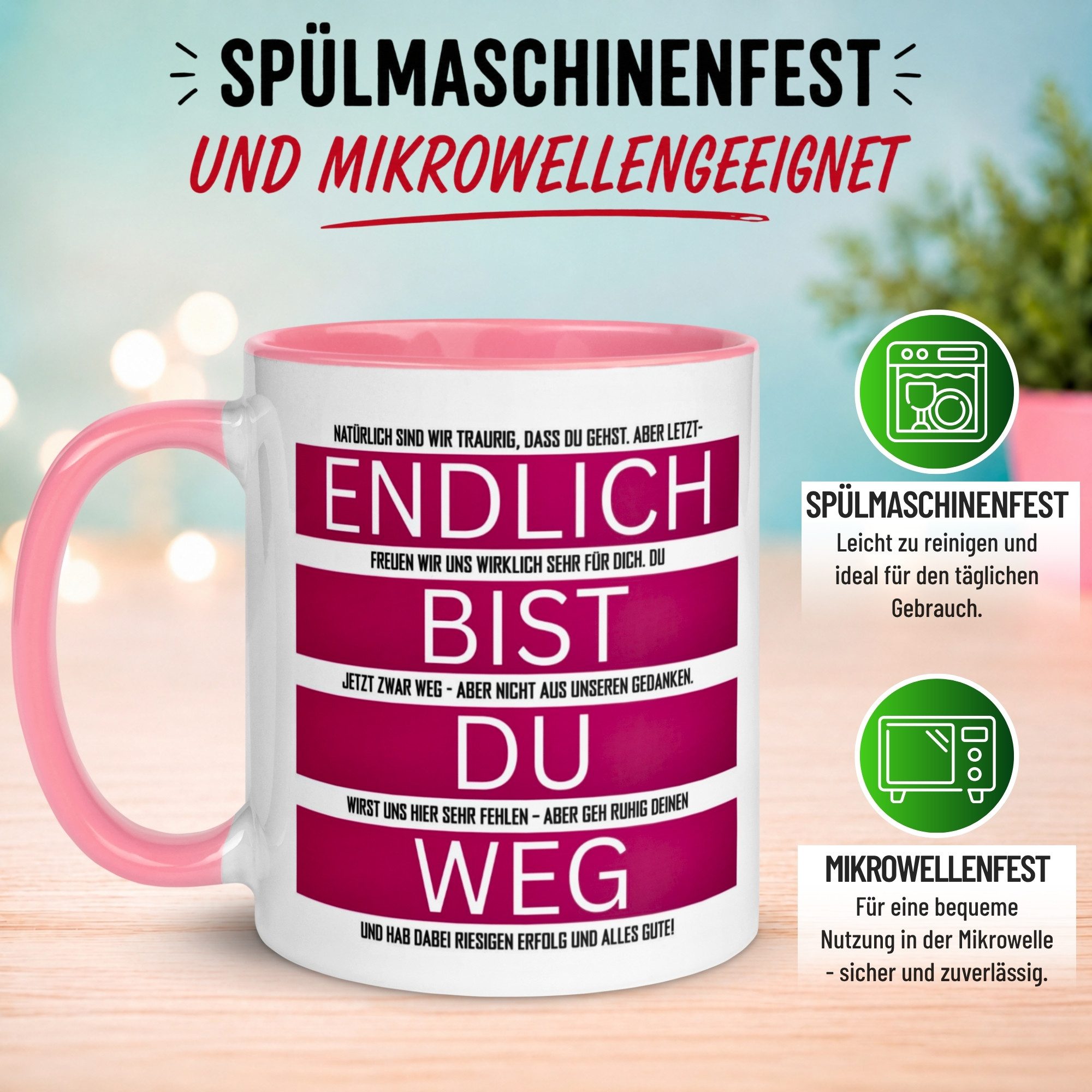 Momentals Tasse Abschied – „Endlich bist du weg“ – Abschiedsgeschenk für Kollegin, Gratis Versand · Links-&Rechtshänder · Spülmaschinenfest – Bild 5 von 5