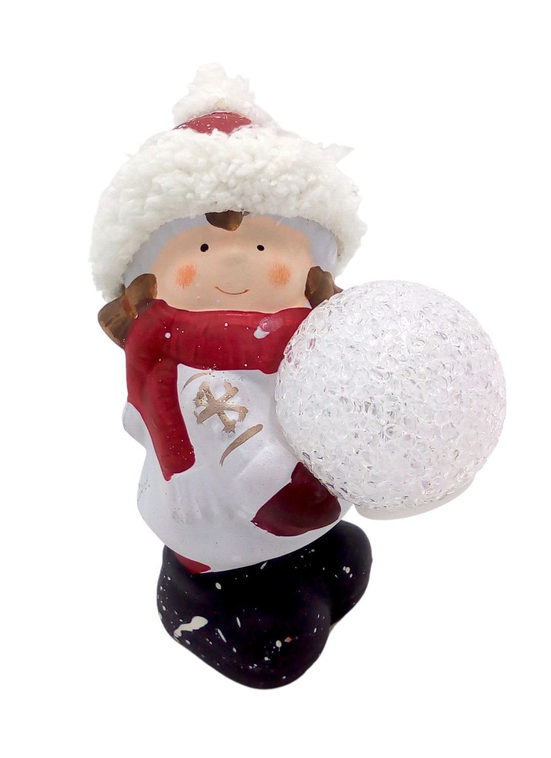 Dekofigur weiß mit LED-Schneeball stehend EDCO Weihnachtsdek Dekofigur Keramik-Kinderfigur