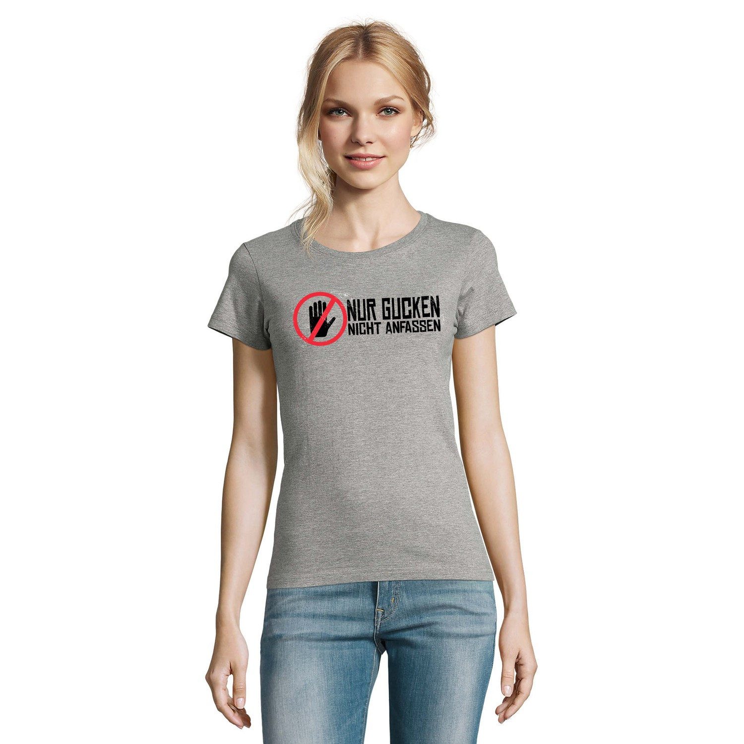 Blondie & Brownie T-Shirt Nur Gucken Damen Tee Print Lustiger Spruch Sarkasmus Typografie (Einzelstück, Einzelartikel) NurGucken Damen Shirt Warnsymbol