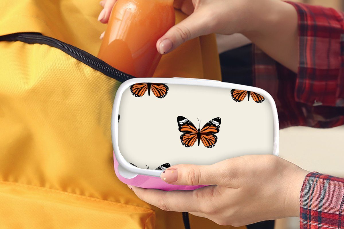 MuchoWow Lunchbox Insekten Kunststoff, Muster, (2-tlg), Kinder, Erwachsene, Mädchen, Kunststoff für Snackbox, rosa - Schmetterling Brotbox Brotdose 