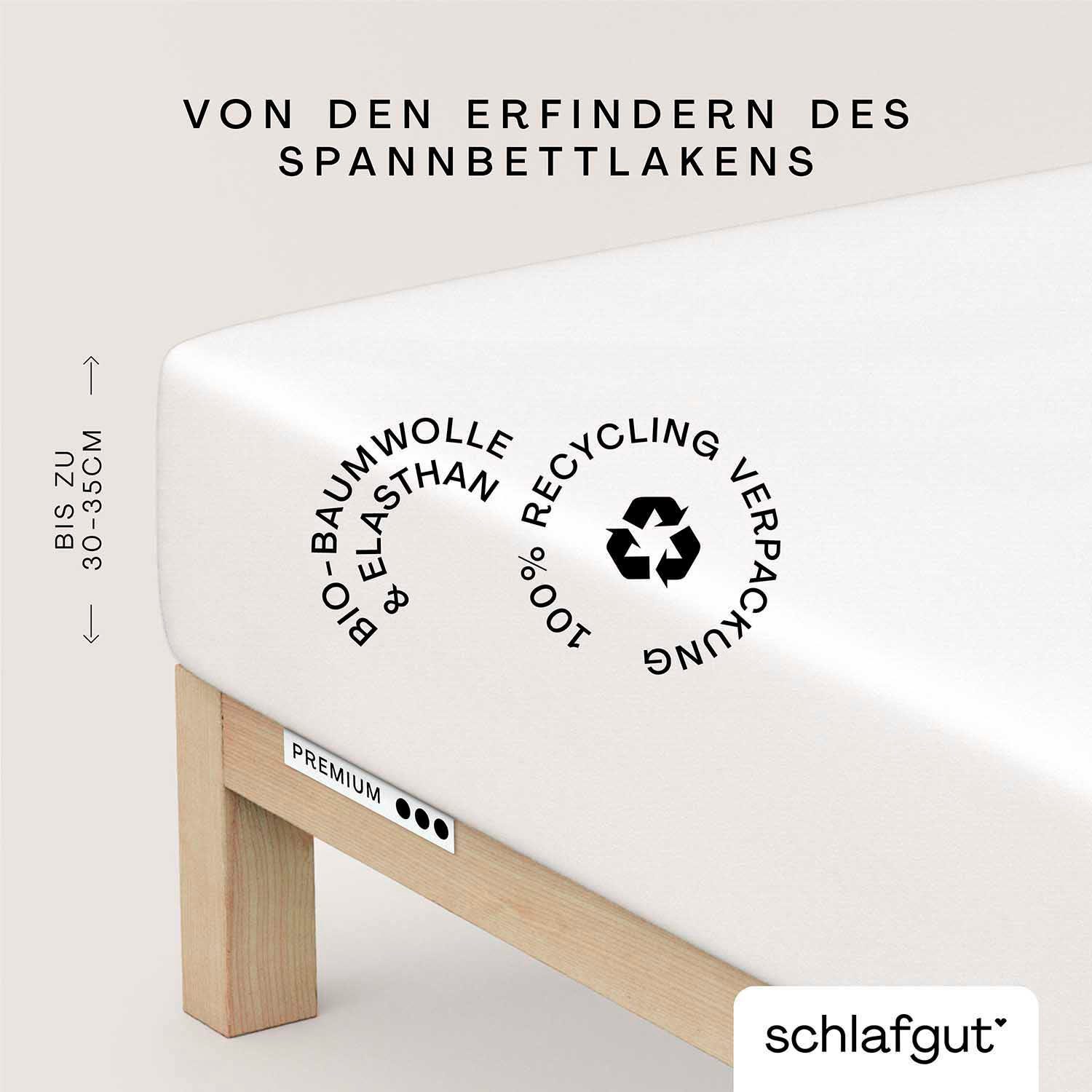 Schlafgut Spannbettlaken PREMIUM Mako-Zwirn-Jersey, 220 g/m², 95% Bio-Baumwolle, 5% Elasthan, Mako-Zwirn-Jersey, Gummizug: rundum, (1 Stück), Bettlaken bis 30 cm Höhe, PREMIUM-Qualität langlebig, perfekter Sitz