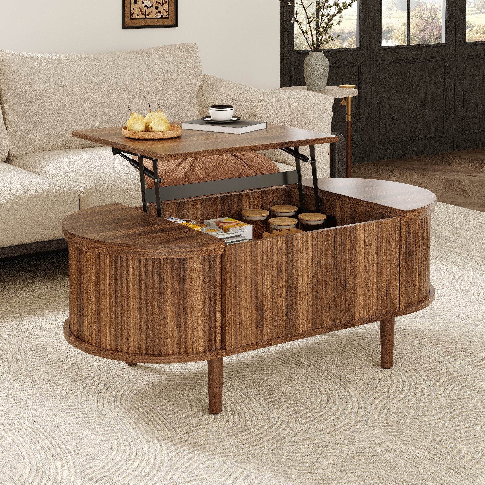 Merax Couchtisch verstellbarer Beistelltisch Ovaler Wohnzimmertisch im Vintage-Stil (100 × 48 × 53,5 cm, 1-St), Sofatisch mit höhenverstellbarer Tischplatte & versteckten Stauräumen