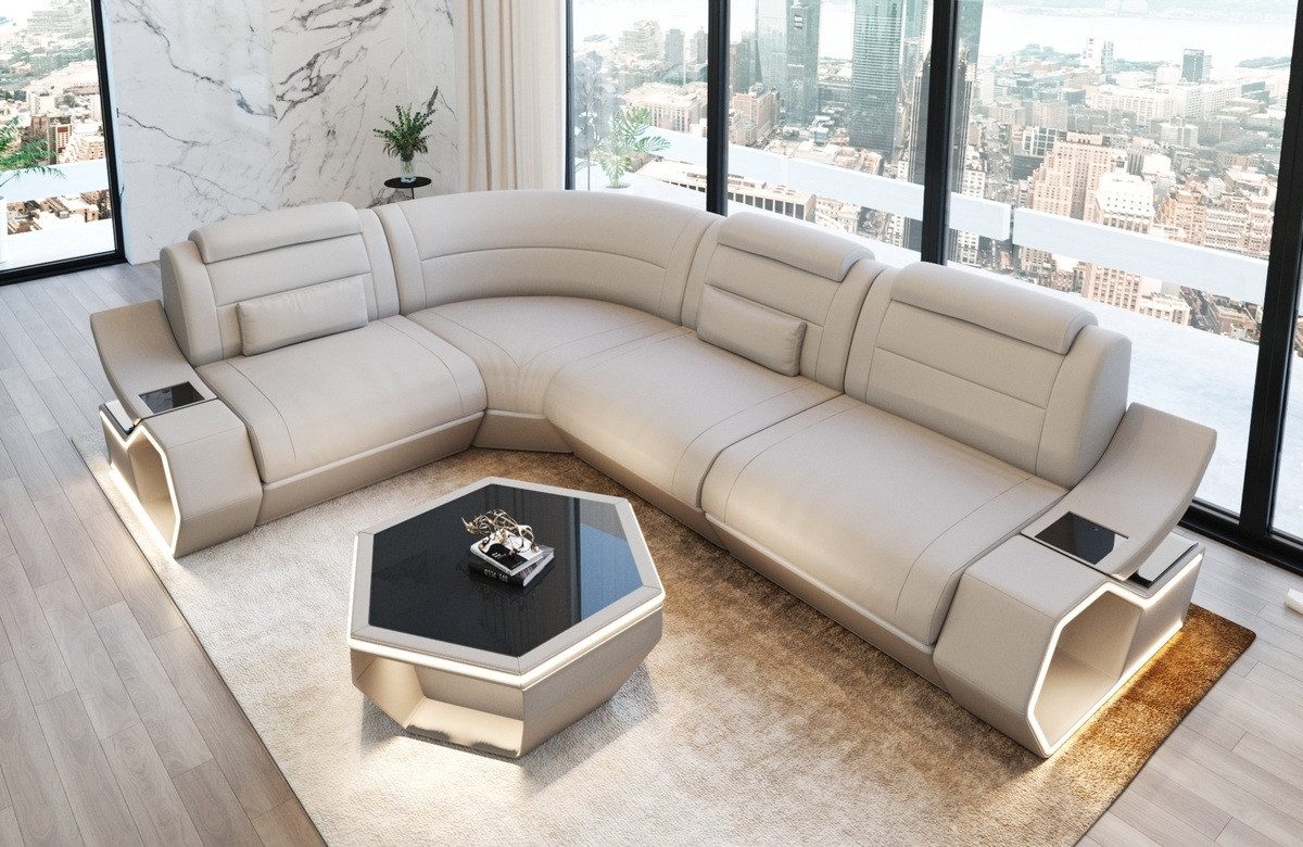 Sofa Dreams Ecksofa Pescara L Form Leder, 4-Sitzer, Echtleder Premium, Beige-Weiß, USB, LED, Ecke links