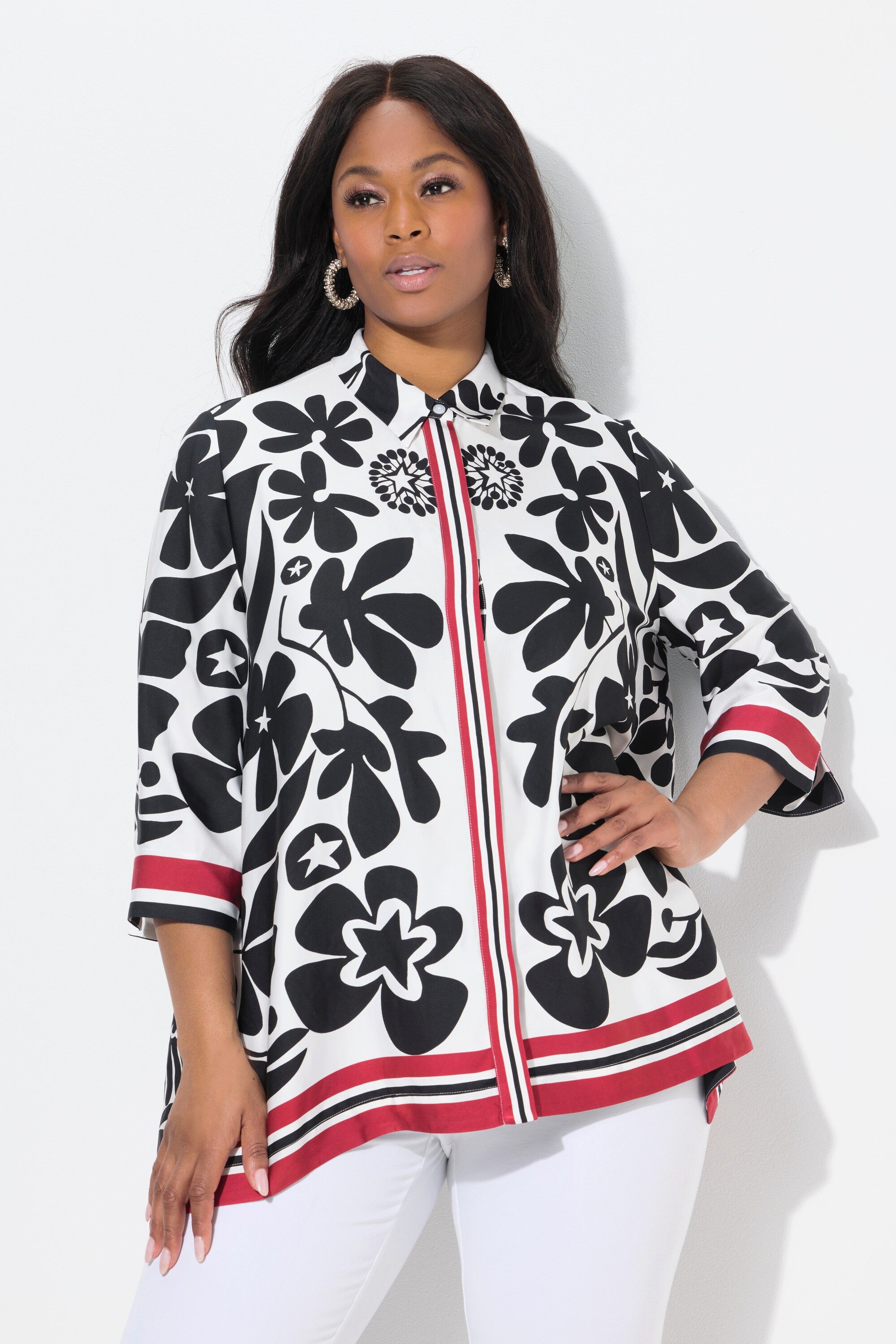 Ulla Popken Hemdbluse Satinbluse Blüten-Design Zipfelsaum 3/4-Arm günstig online kaufen