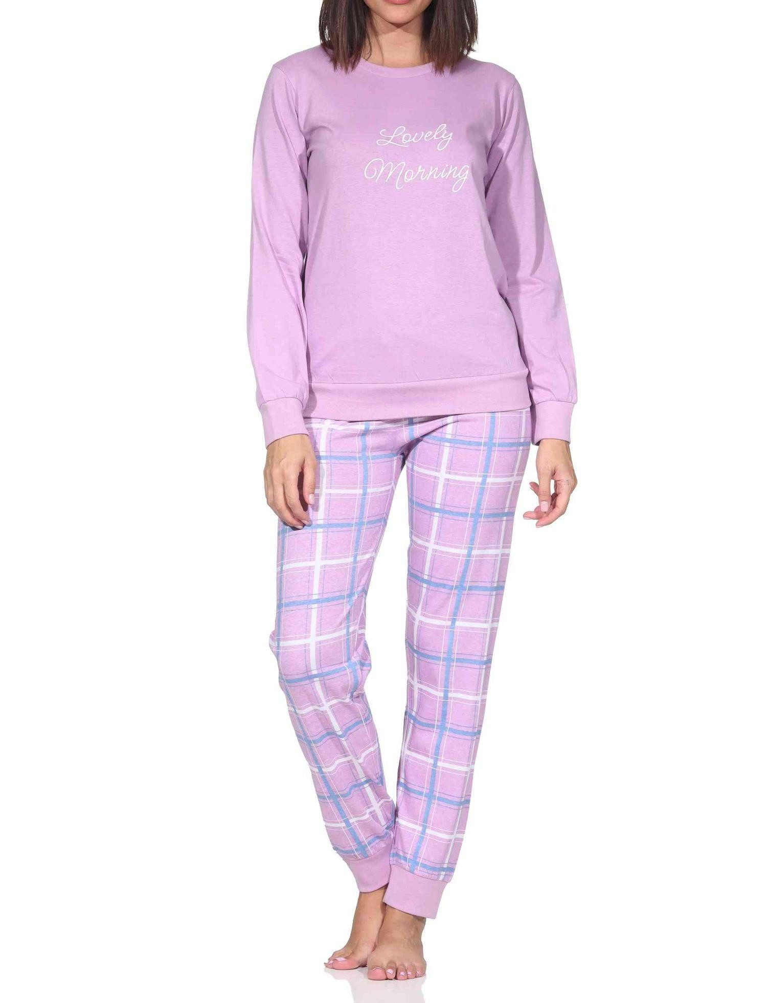 Pyjama Normann Damen Schlafanzug mit Bündchen und Jersey Hose in Karo Optik