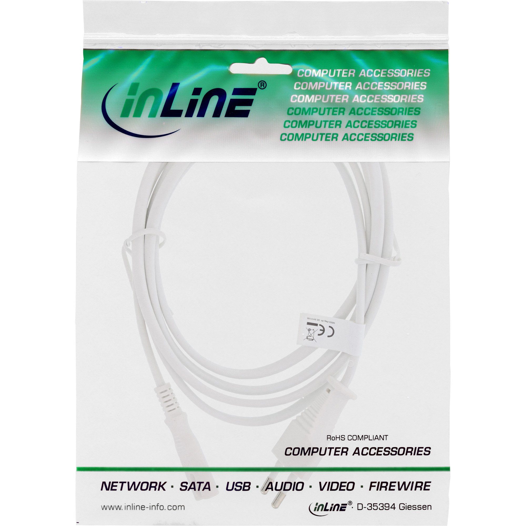 InLine® auf Stromkabel AG Netzstecker Stecker, 8 INTOS Euro weiß, Netzkabel, C7 ELECTRONIC 0,3m