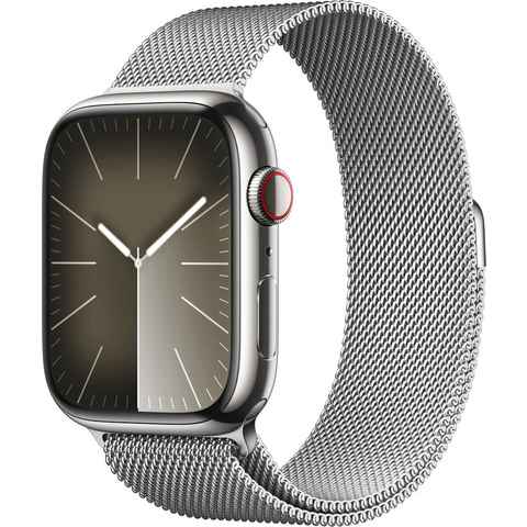 Apple Watch Series 9 GPS + Cellular Stainless Steel 45mm One-Size Smartwatch (4,5 cm/1,77 Zoll, Watch OS 10), Milanese Loop