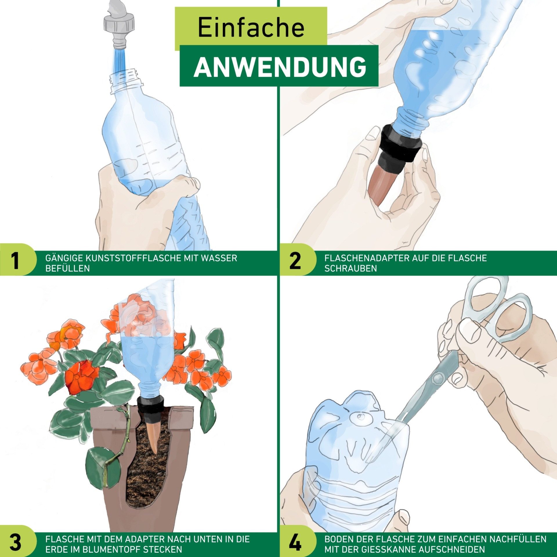 Windhager Bewässerungssystem automatische Wasserspender Flaschen 3 Stk. für Zimmerpflanzen, (Packung, 3-tlg), Flaschenadapter Bewässerung, Abgabemenge ca. 200 ml/Tag, 4 x 11 cm