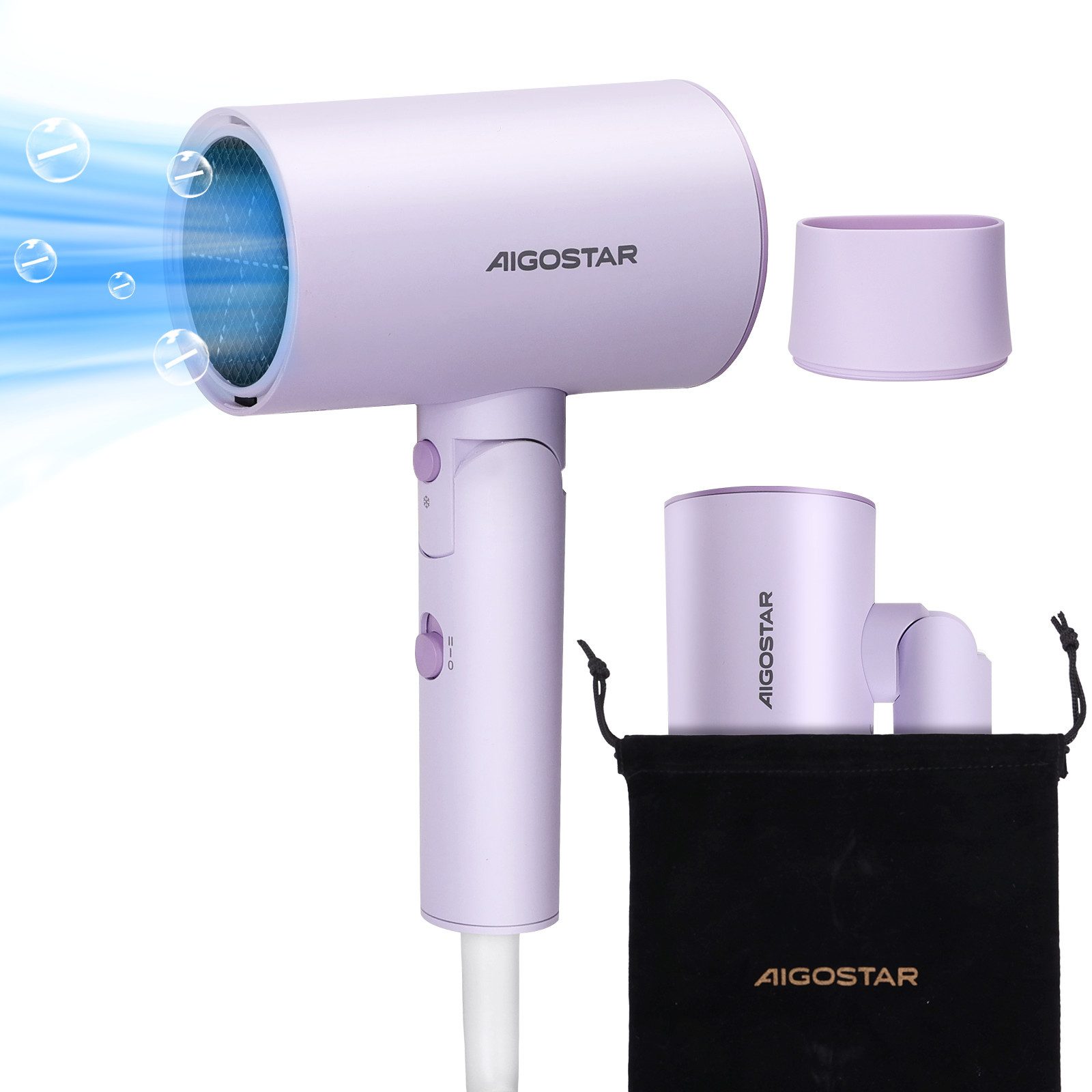 Aigostar Haartrockner Klappgriff, 3 Temperaturen/2 Geschwindigkeiten, Überhitzungsschutz, 2100,00 W, Reisehaartrockner, Reise haartrockner, Fohn