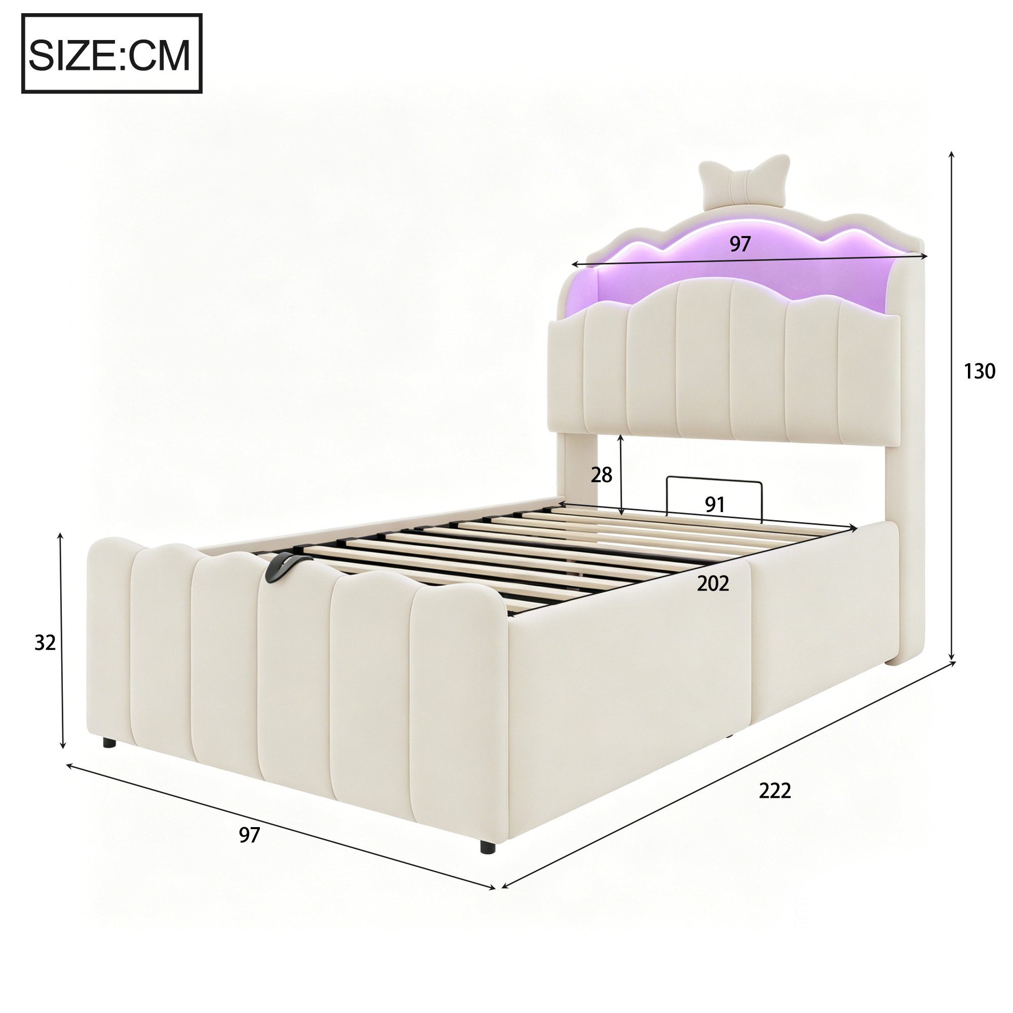 Celya Polsterbett Gepolstertes Kinderbett mit hydraulischem Stauraum, LED-Kopfteil (ohne Matratze, Samtbezug, mit USB- und USB-C-Ladeanschlüssen), aufklappbarem – Bild 2 von 5