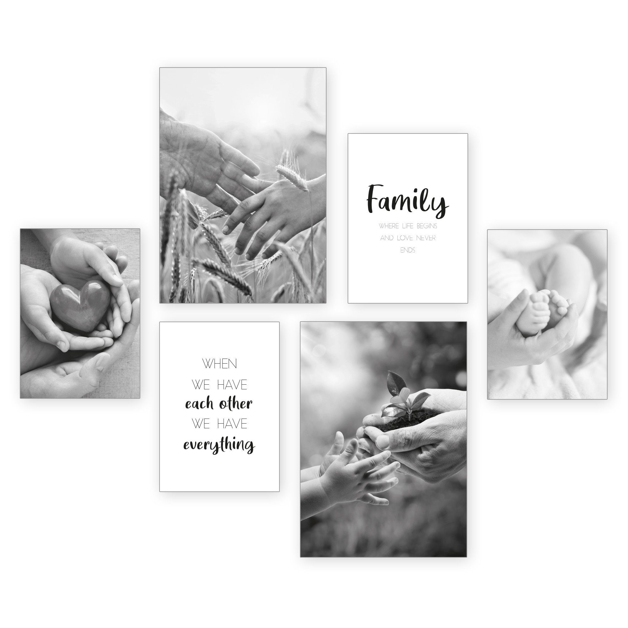 Kreative Feder Poster 6-teiliges Premium-Set „Family“ - optional mit Rahmen, Familie, Liebe, Herz, Hände, Baby, Spruch (Set, 6 St), hochwertiger Kunstdruck; 2x DIN A3 & 4x DIN A4