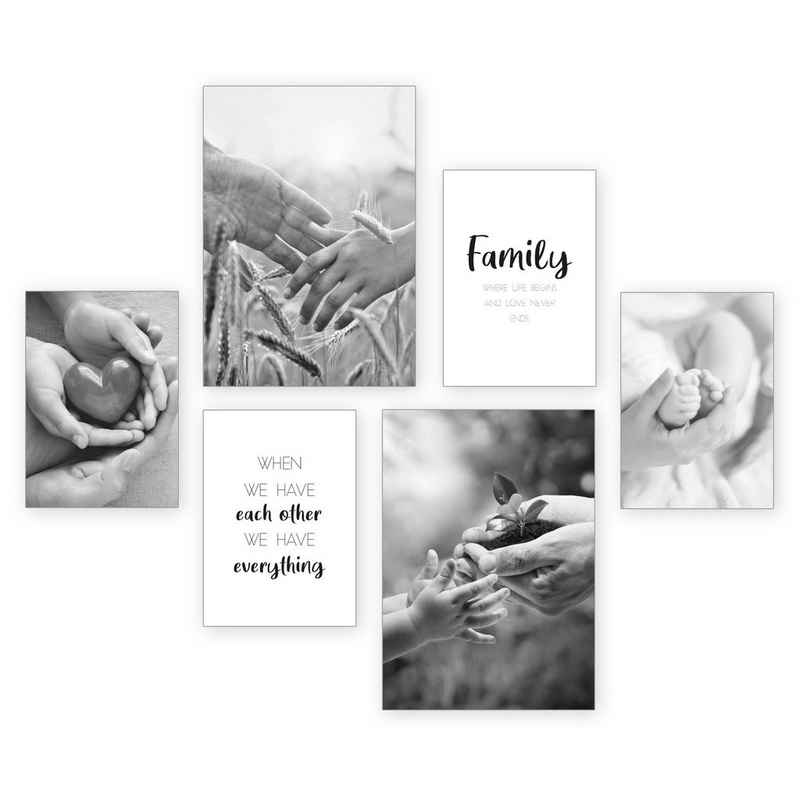 Kreative Feder Poster 6-teiliges Premium-Set „Family“ - optional mit Rahmen, Familie, Liebe, Herz, Hände, Baby, Spruch (Set, 6 St), hochwertiger Kunstdruck; 2x DIN A3 & 4x DIN A4