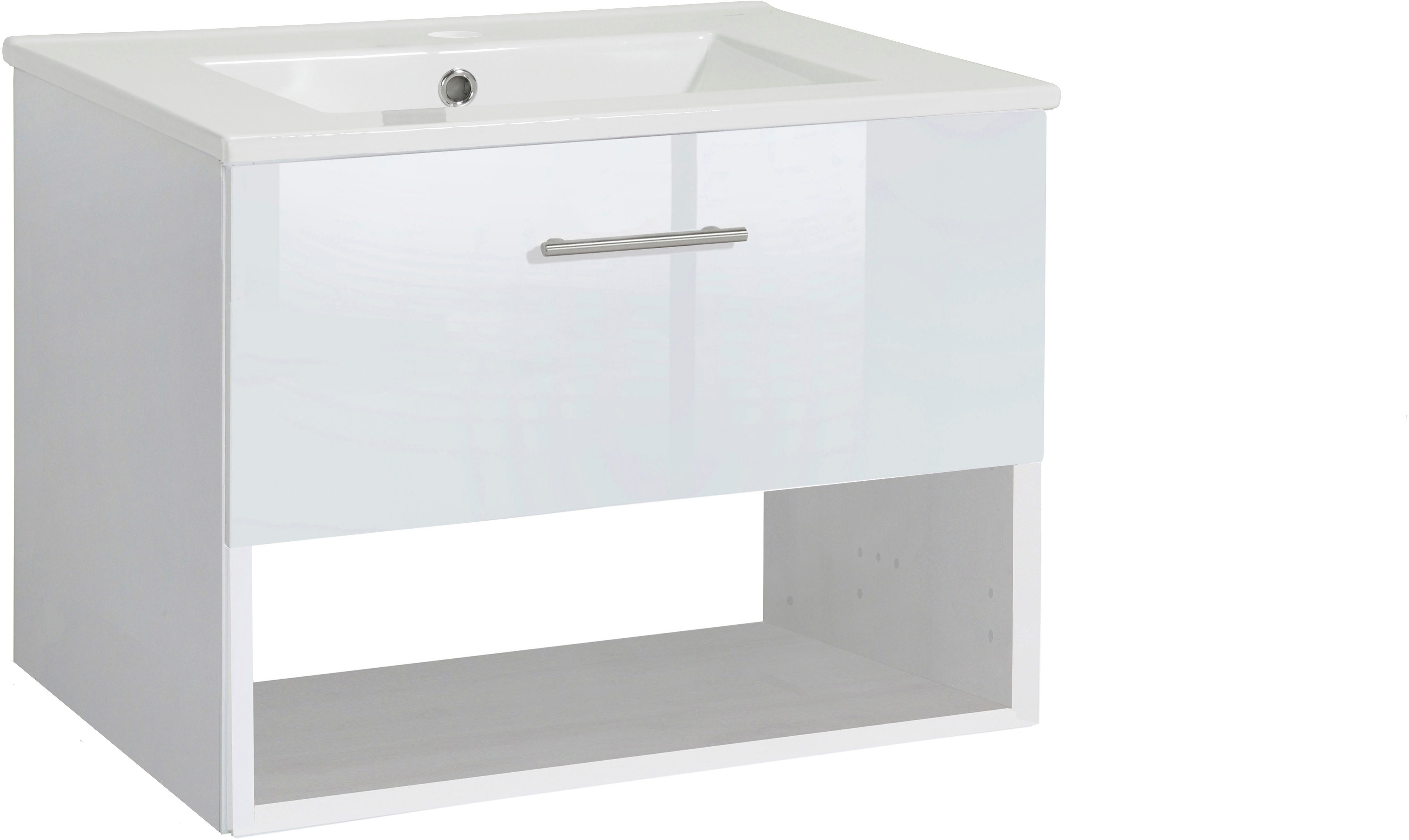 welltime Waschtisch Trento Light mit Keramik-Auflagebecken, 1 Auzug und 1 offenes Fach, Breite. 61cm, Weiß Hochglanz