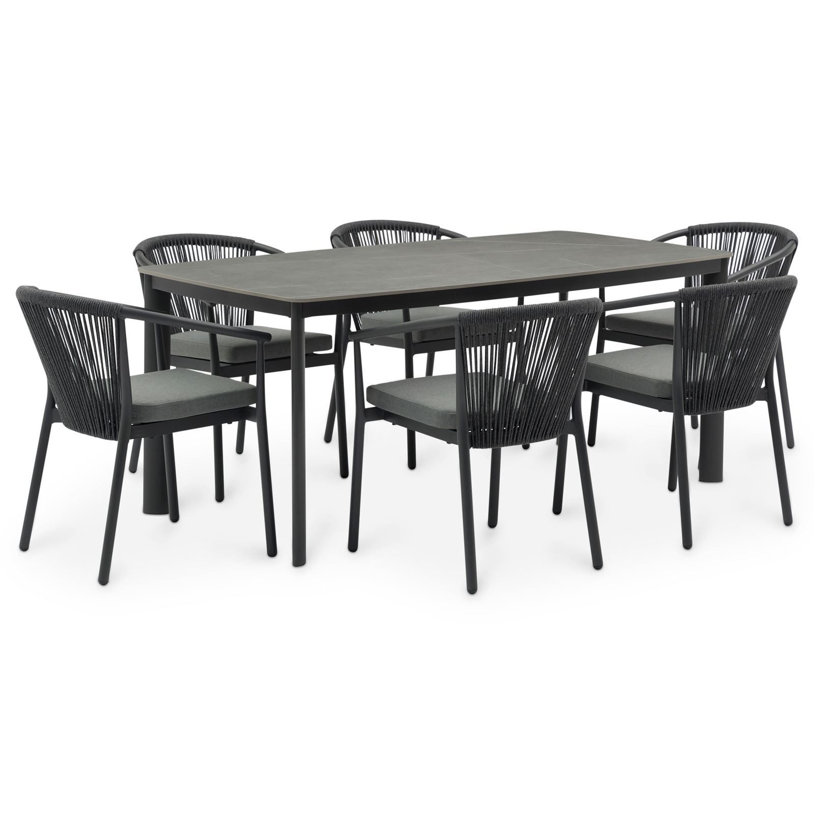 IDIMEX Garten-Essgruppe TAVOLO, Gartenmöbel Set, Tisch mit Keramik- Platte 180x90cm, Ropedesign grau