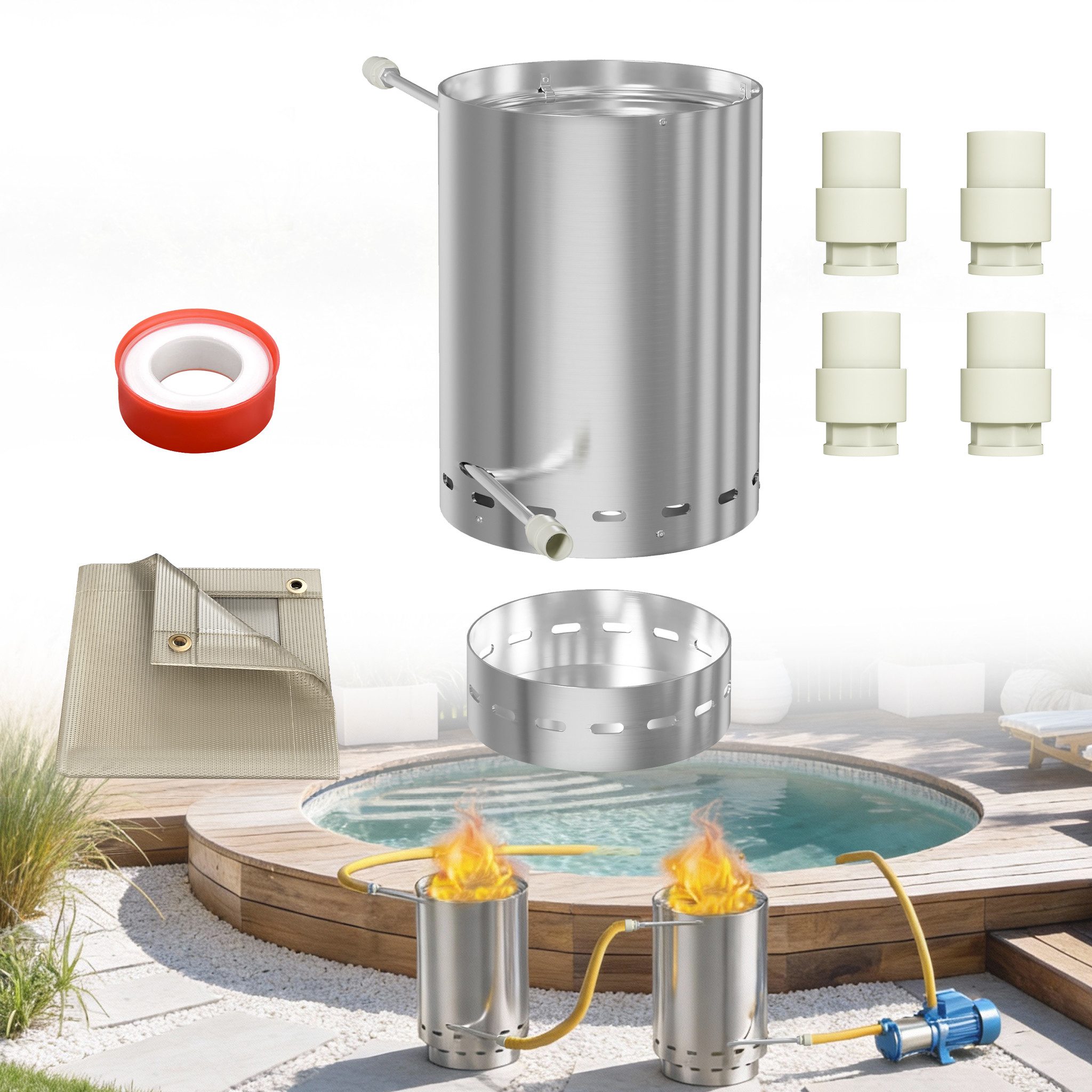 FIVMEN Pool-Wärmepumpe Poolheizung Feuertonne Edelstahl Brennholz mit Feuer Ø 30 x 45 cm (1 tlg), Schwimmbadheizung mit 32/38mm Anschlüsse 14m Eingebaute Spiralerohr