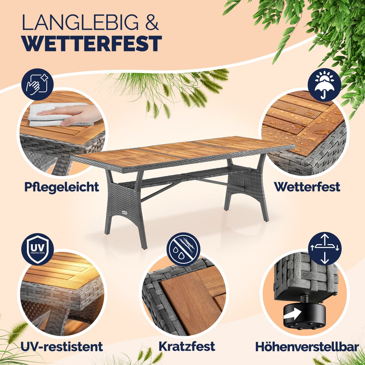 Casaria Gartentisch (1-St), Polyrattan mit Ablage FSC®- zertifiziertes Akazienholz 190x90x74cm
