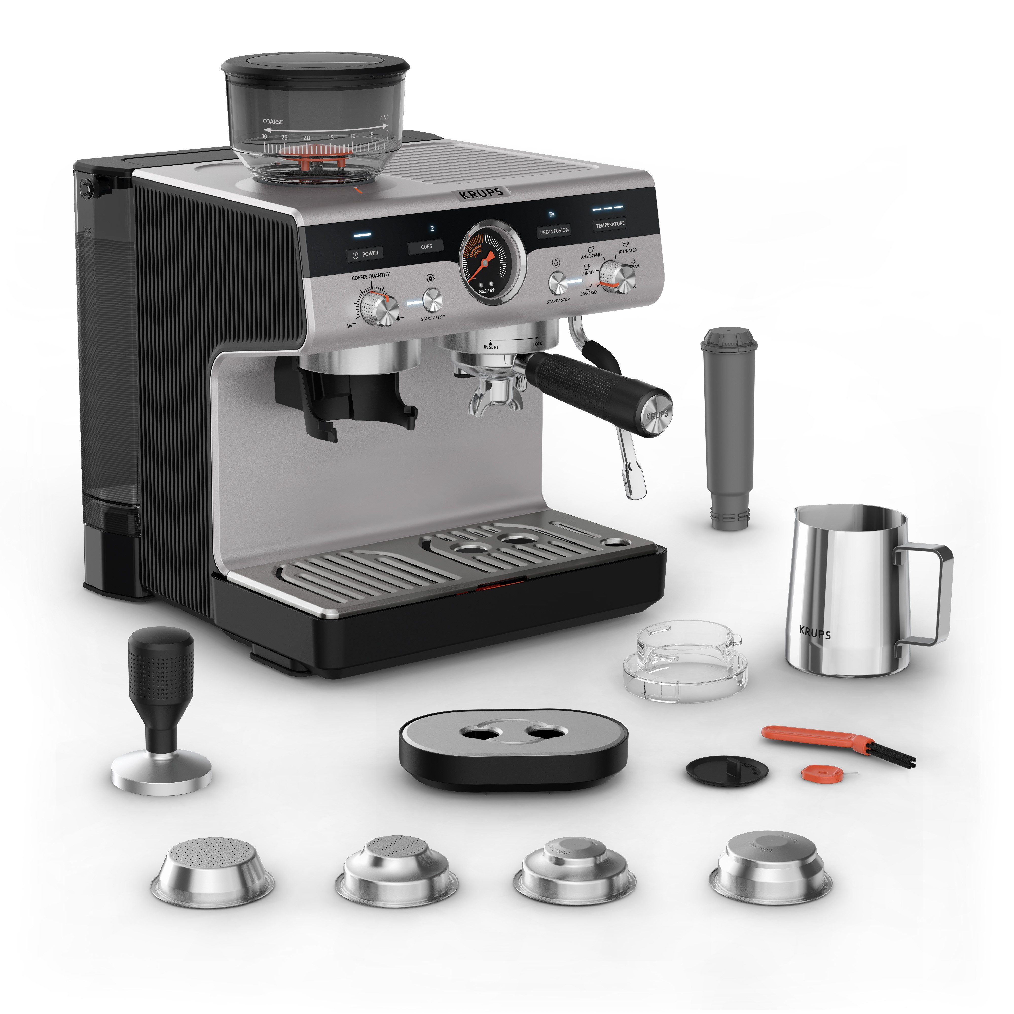 Krups Espressomaschine XP801T Precision, Siebträger, mit Mahlwerk, intuitive Bedienfläche, Pre-Infusion-Einstellungen
