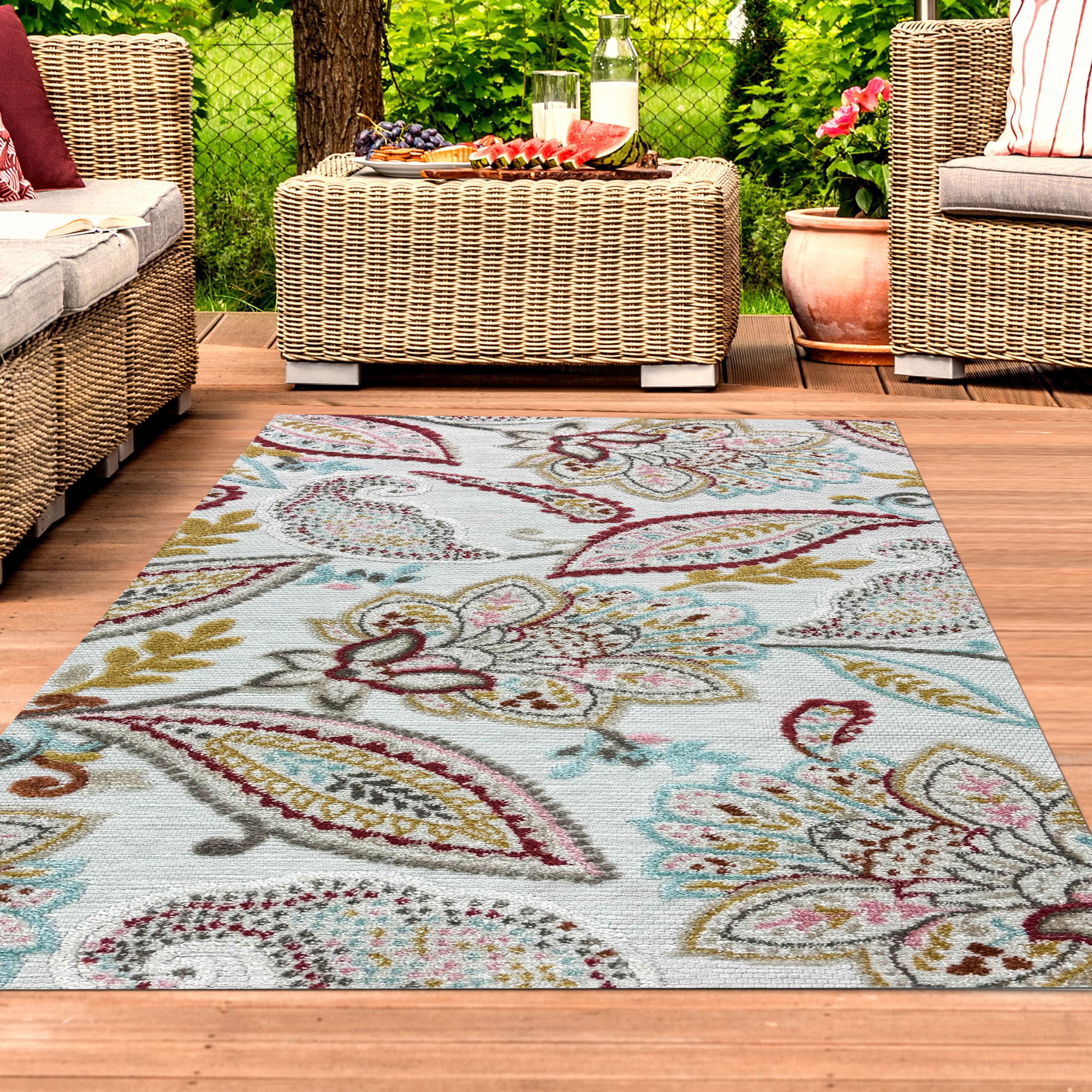 TeppichHome24 Outdoorteppich In und Outdoor Teppich mit Blumen Muster in creme grau bunt, Rechteckig