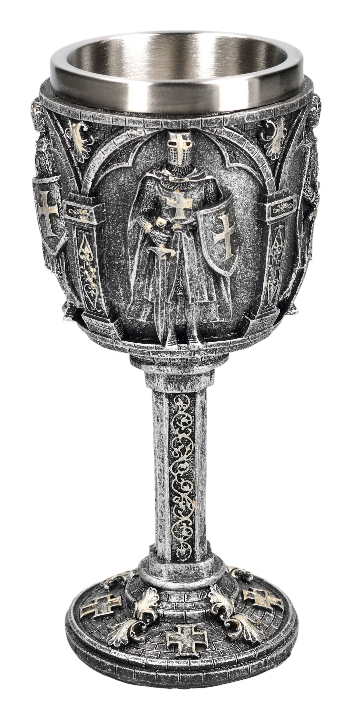 Figuren Shop GmbH Becher Kreuzritter Kelch – Ritter Templer Gothic Becher 18.5 cm Weinkelch, Kunststein (Polyresin), Edelstahl