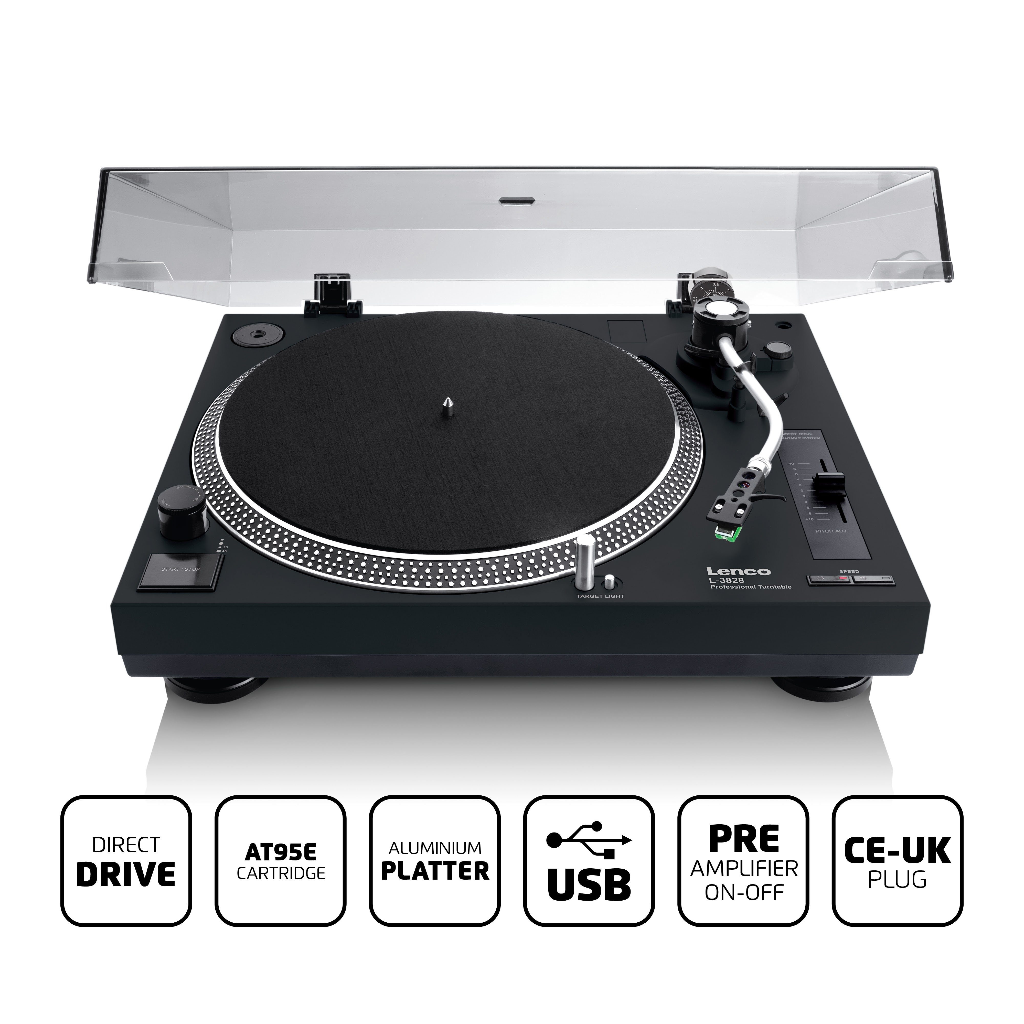 Lenco L-3828BK Plattenspieler (Direktantrieb, Vinyl formatierung USB, Phono-Vorverstärker / Pitch Control in Schwarz) – Bild 3 von 5