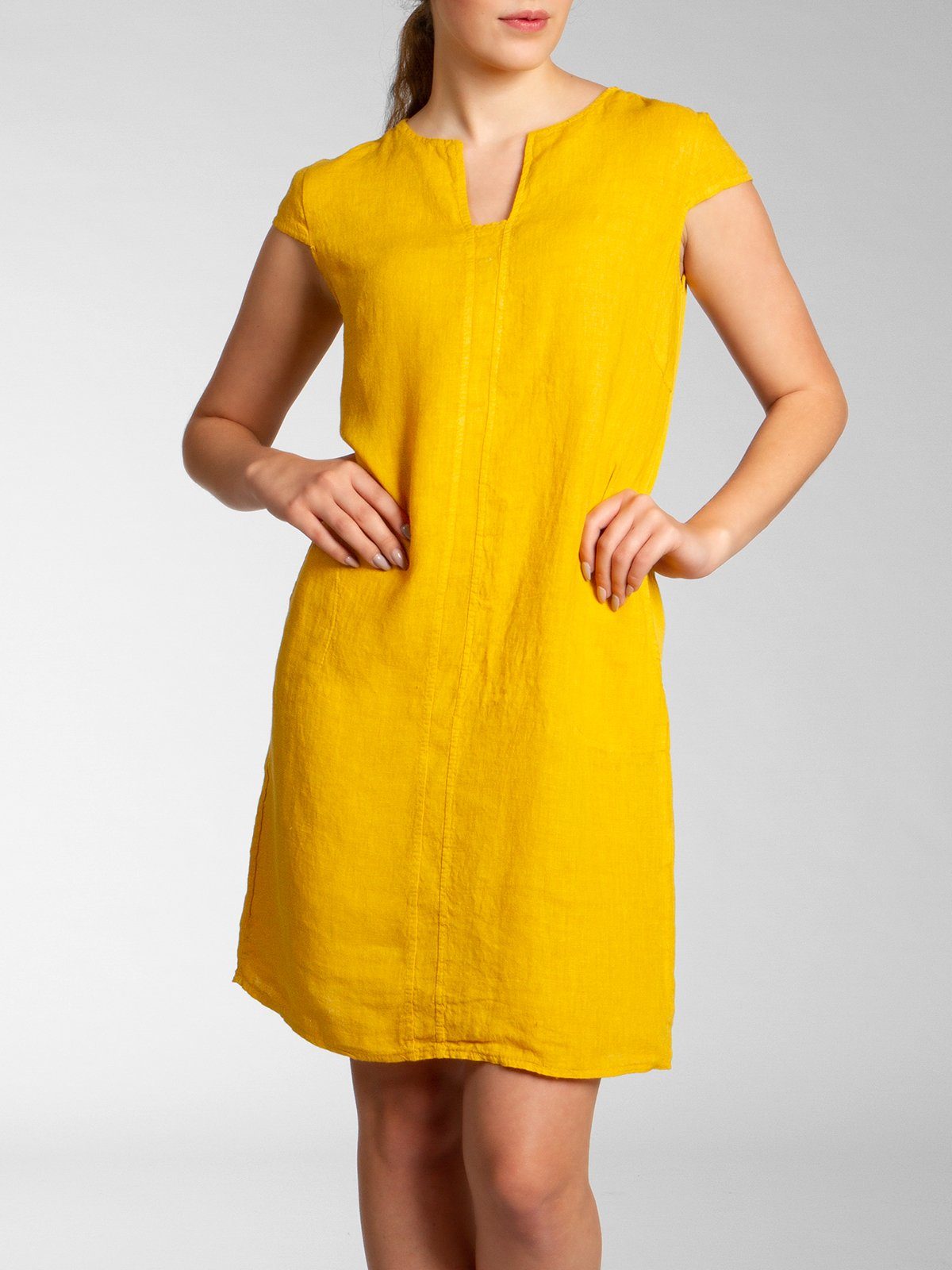 Caspar Sommerkleid Caspar SKL036 Damen Sommer Leinenkleid mit ausgefallenem Ausschnitt Luftig leicht, figurumspielende Form, mit seitlichem Jersey-Einsatz
