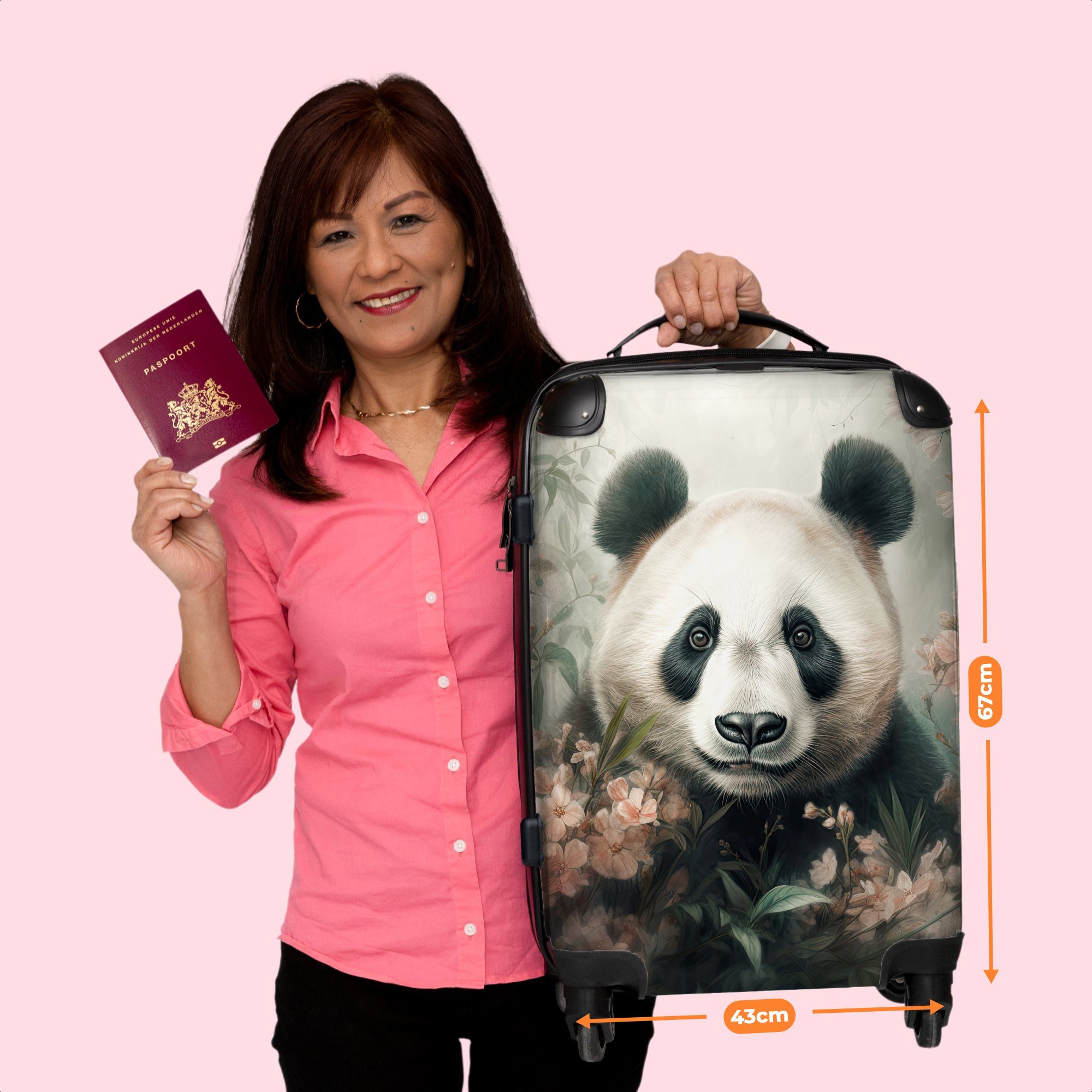 NoBoringSuitcases.com© Koffer Tiere Aufgabegepäck Rollkoffer Rollen Reisekoffer Panda mit - - Pflanzen, 4 67x43x25cm - Rollen, Trolley Große 4