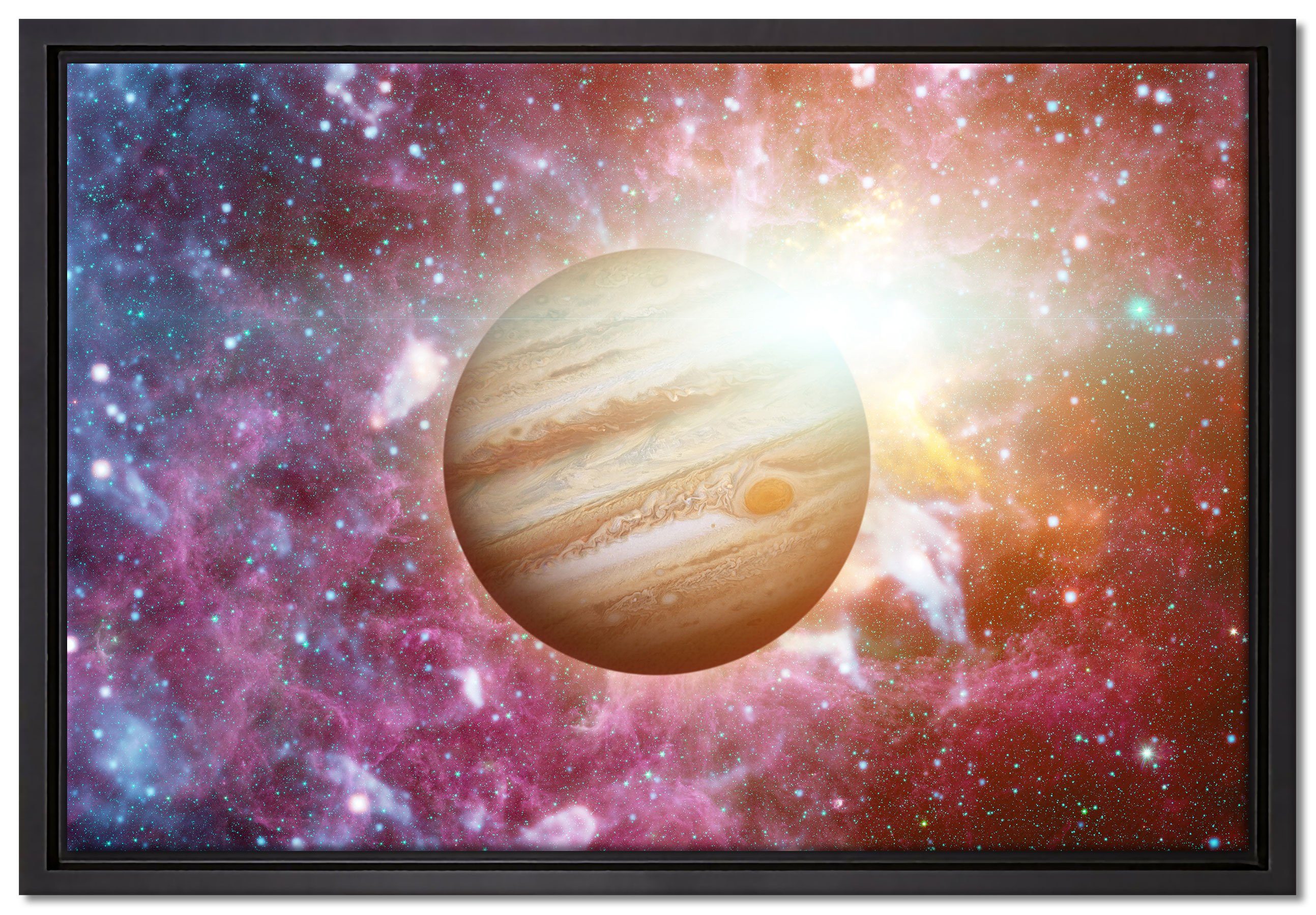 Pixxprint Leinwandbild Planet Jupiter im Universum, Wanddekoration (1 St), Leinwandbild fertig bespannt, in einem Schattenfugen-Bilderrahmen gefasst, inkl. Zackenaufhänger