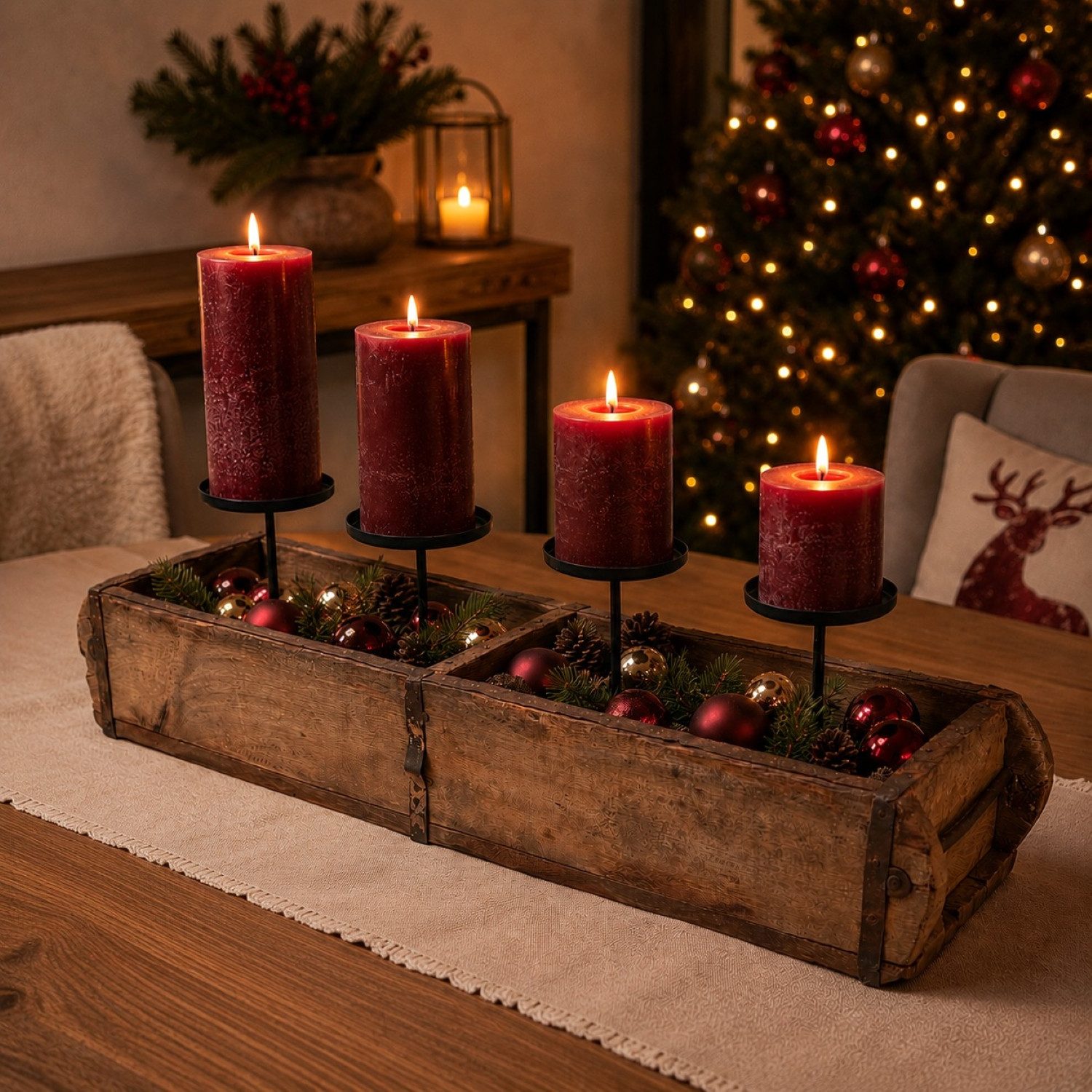 Online-Fuchs Adventskranz aus rustikalen Holz Ziegelkasten mit Kerzenhaltern - Weihnachtsdeko, ideal zum individuellen Dekorieren - 60 cm groß