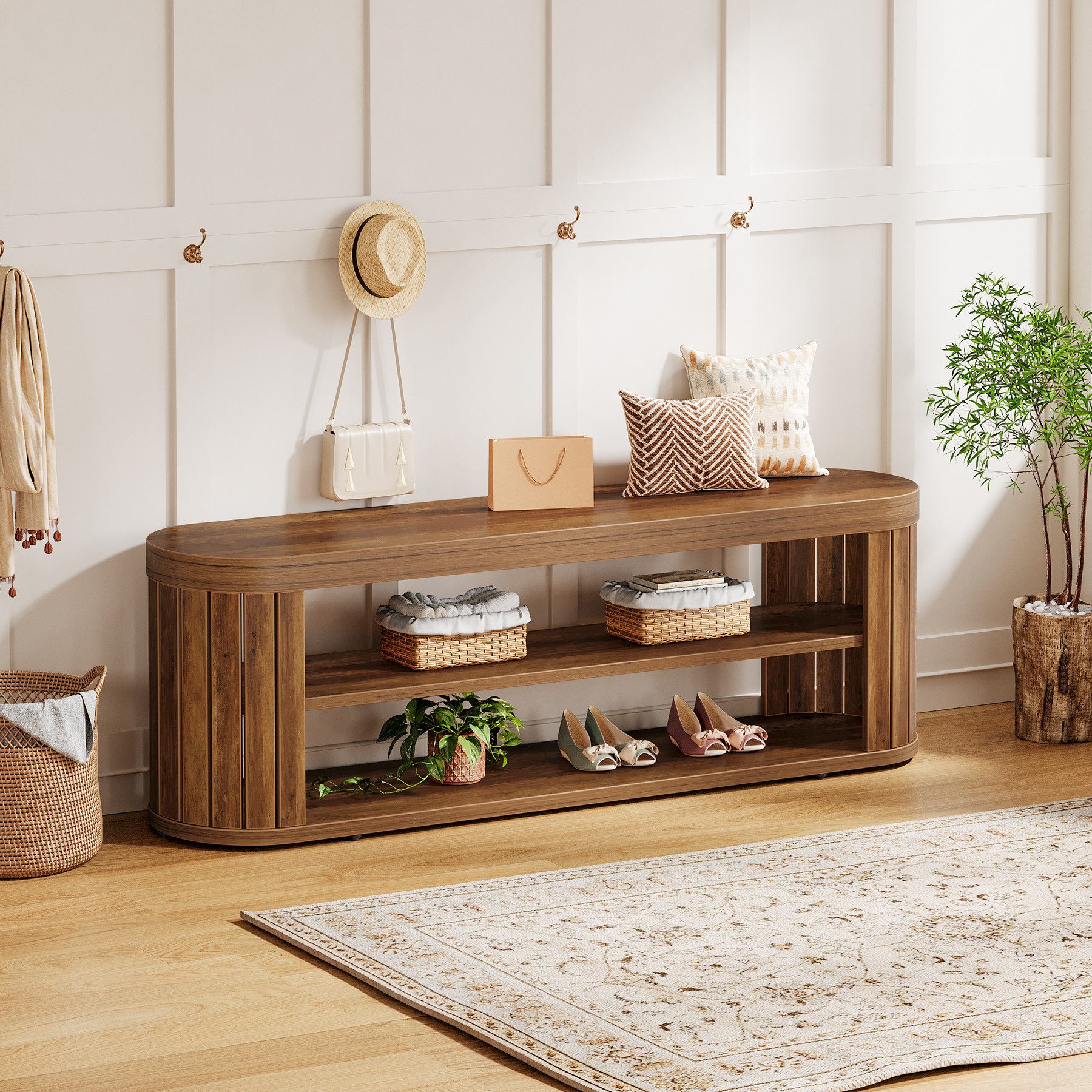 Tribesigns Schuhbank 120 cm Lange Holz-Eingangsbank mit zweistufigem Schuhregal (120x30x45cm), Esszimmerbank im Landhausstil mit verstellbaren Fußstützen – Bild 2 von 5