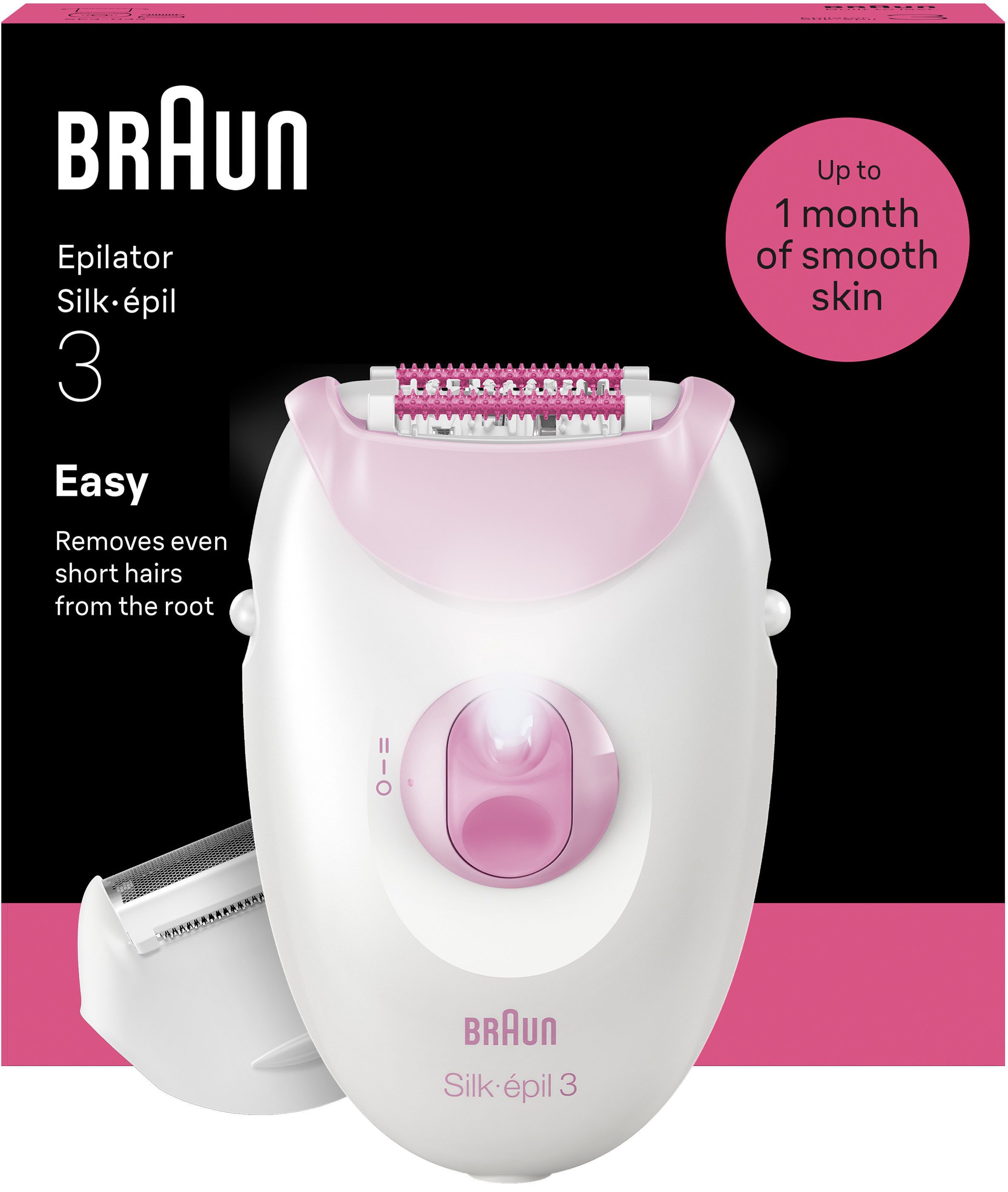 Braun Epilierer Silk-épil 3 SE3-031, kabelgebundener&nbsp;Epilierer, Rasier-&nbsp;&&nbsp;Trimmeraufsatz rosa