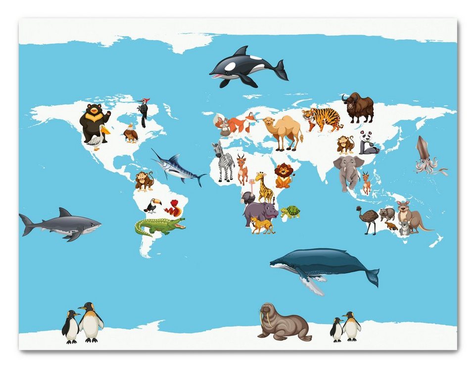 wandmotiv24 Leinwandbild Weltkarte, Querformat, Kinder Landkarte, Tiere,  Weltkarten (1 St), Wandbild, Wanddeko, Leinwandbilder in versch. Größen