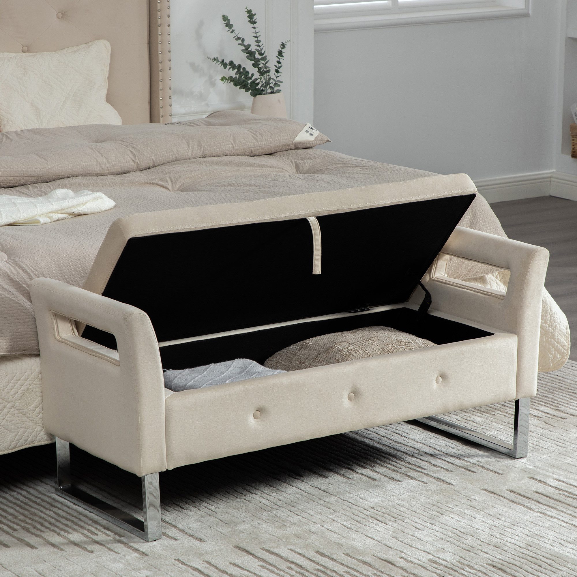 HAUSS SPOLE Sitzhocker mit Armlehnen für Wohnzimmer,Samt Stauraumhocker als Fußstütze,Beige (Schuhhocker 138×51×60,5 mit Massivholzrahmen), mit eingebautem Metallscharnier