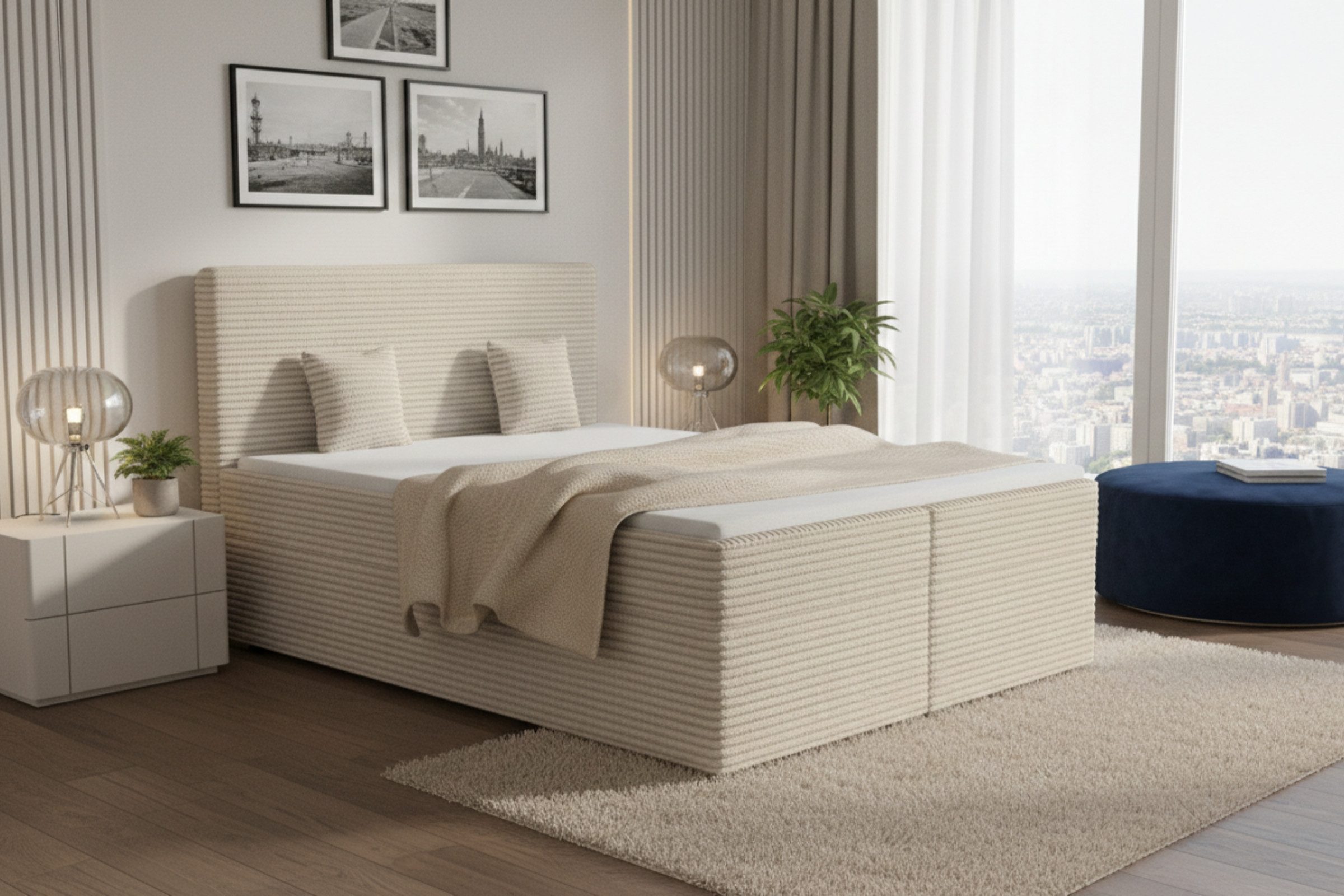 Deine Möbel 24 Boxspringbett DUBAI Boxbett in 120x200 140x200 160x200 180x200 200x200 cm (Doppelbett inkl. Bettkasten, Topper, Matratzen H3 oder H4, 1-St., Farben: Creme, Ecru, Beige, Hellgrau, Grau, Schwarz), Cordstoff TILIA, Stauraum, Bettkasten & Komfort
