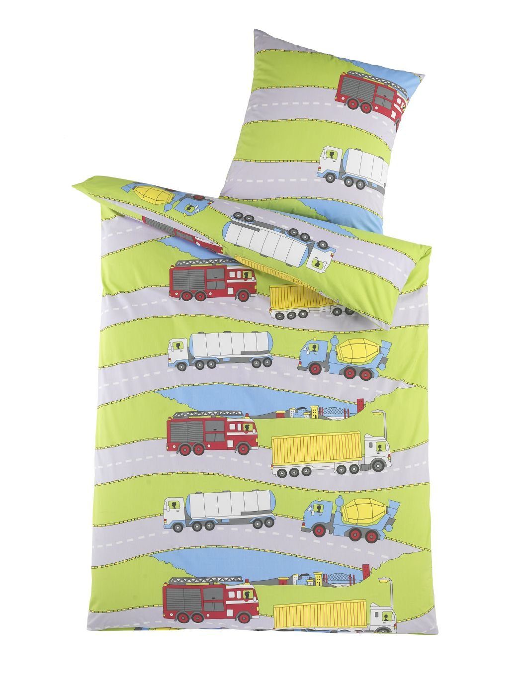 Optidream Bettwäsche Set Renforcé 135x200 Baumwolle Trucks grau, Renforcé, 2 teilig, Sommer Geschenke Idee Frauen Männer weich sale Reißverschluss Partner